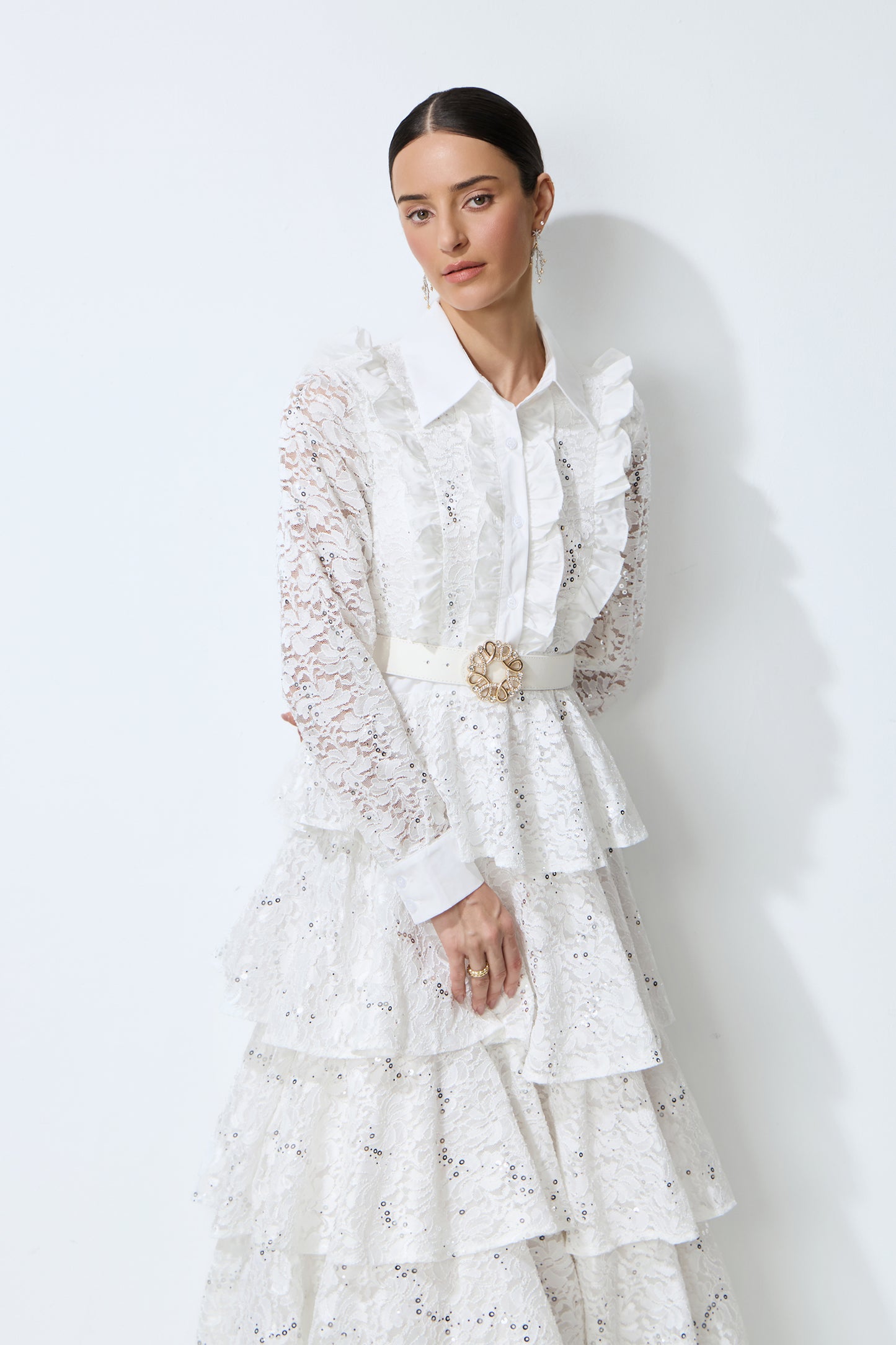 Sunkiss Veil White Sequin Embellished Tiered Lace Maxi Dress
