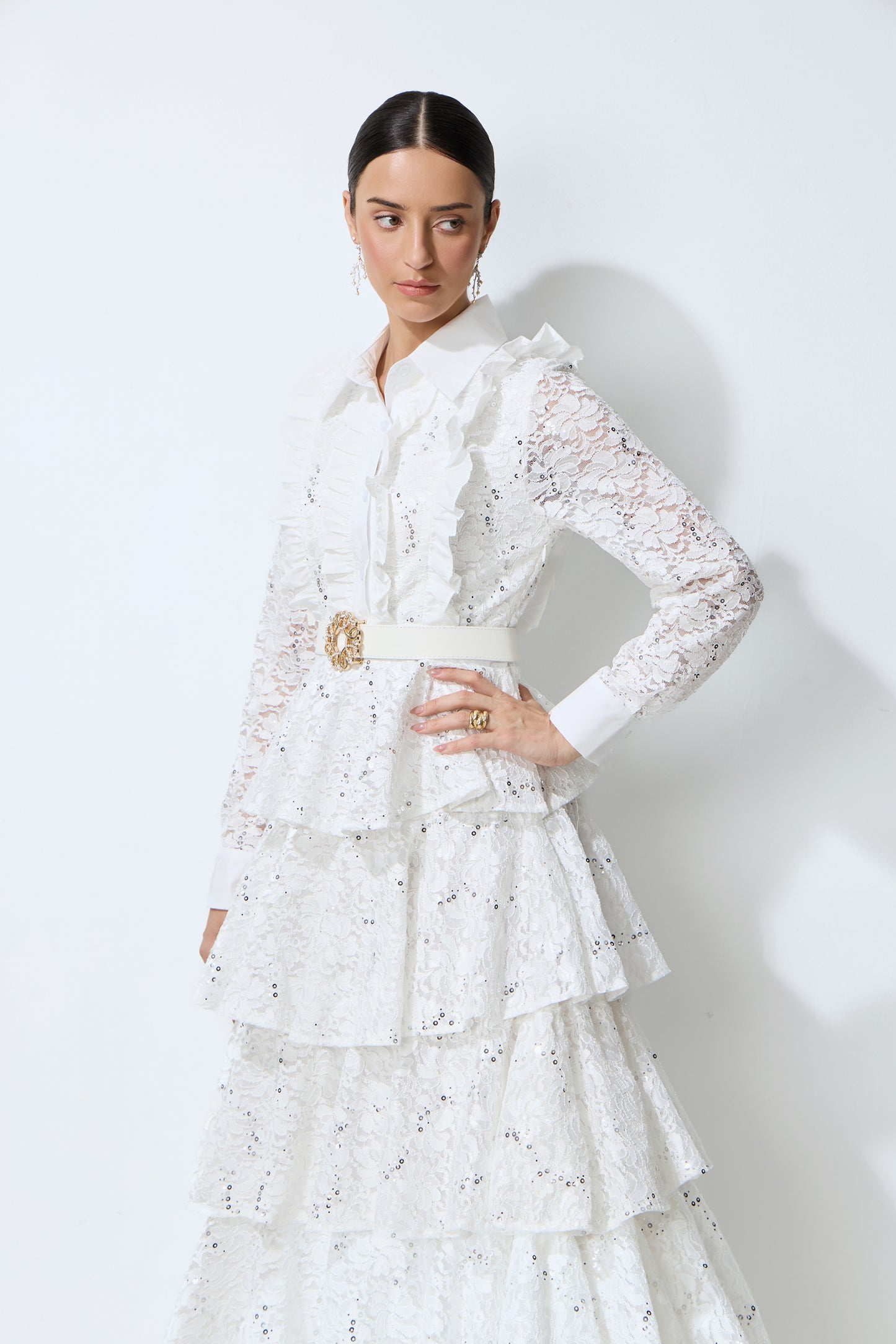 Sunkiss Veil White Sequin Embellished Tiered Lace Maxi Dress