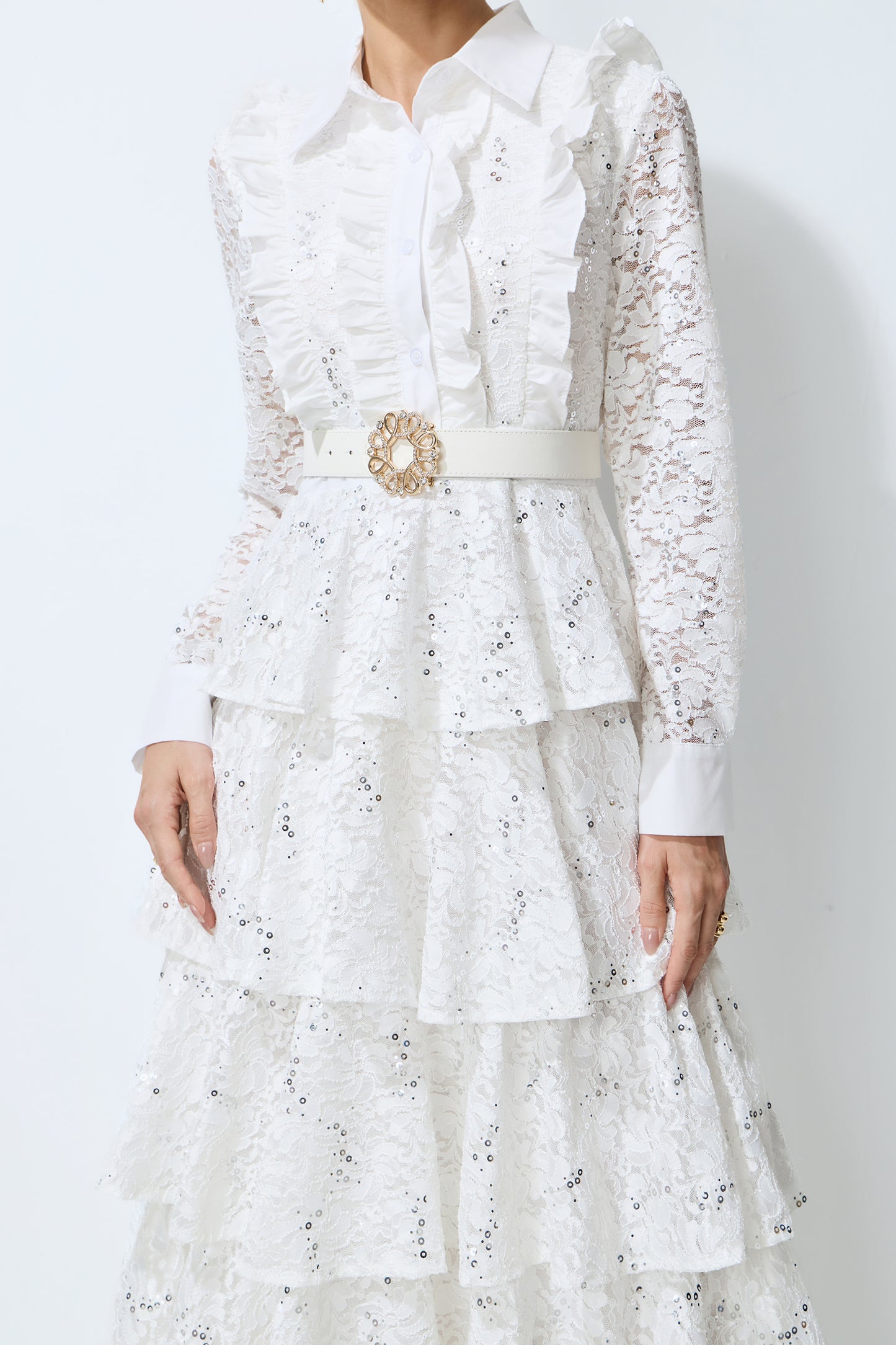 Sunkiss Veil White Sequin Embellished Tiered Lace Maxi Dress