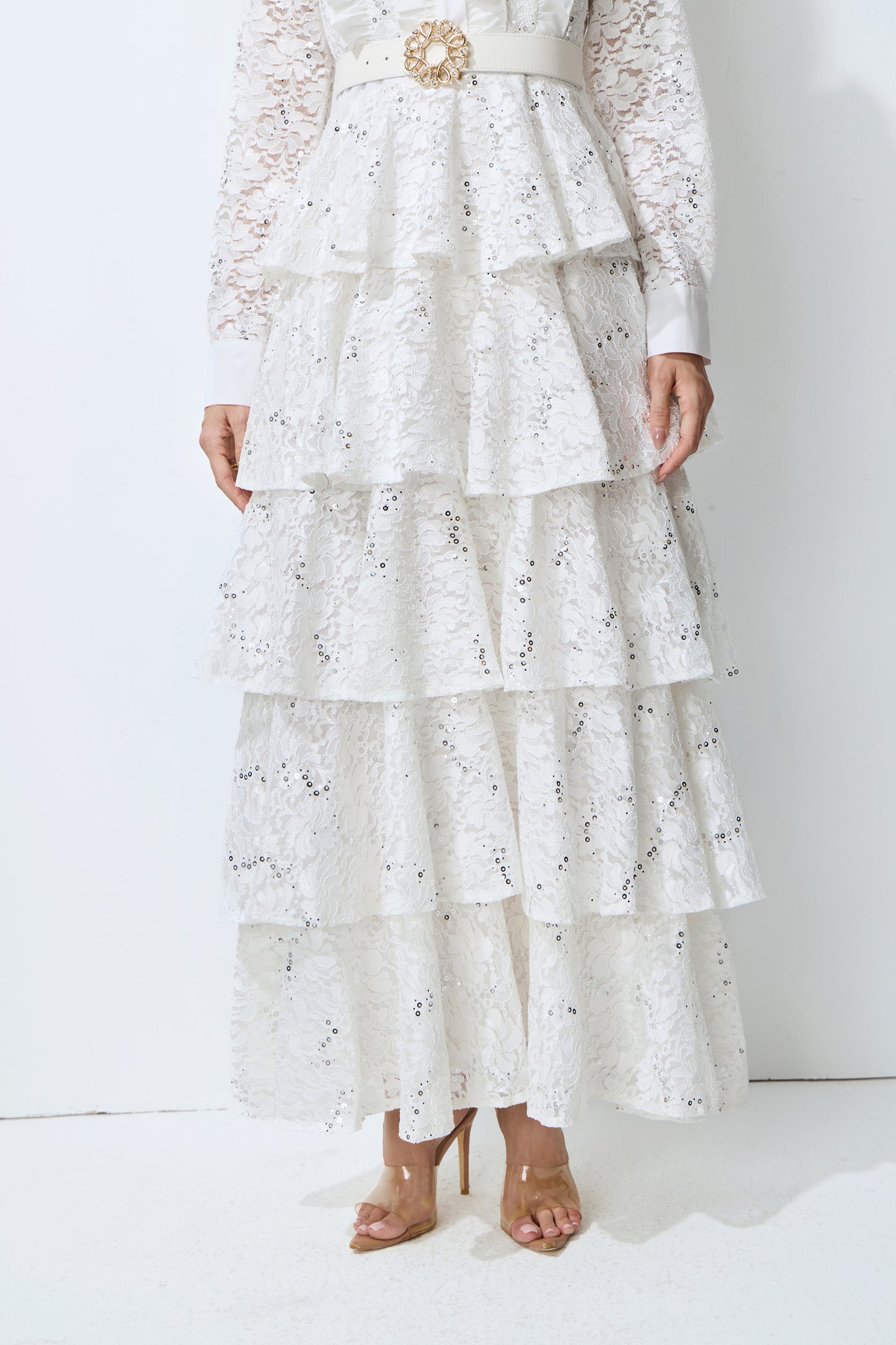 Sunkiss Veil White Sequin Embellished Tiered Lace Maxi Dress