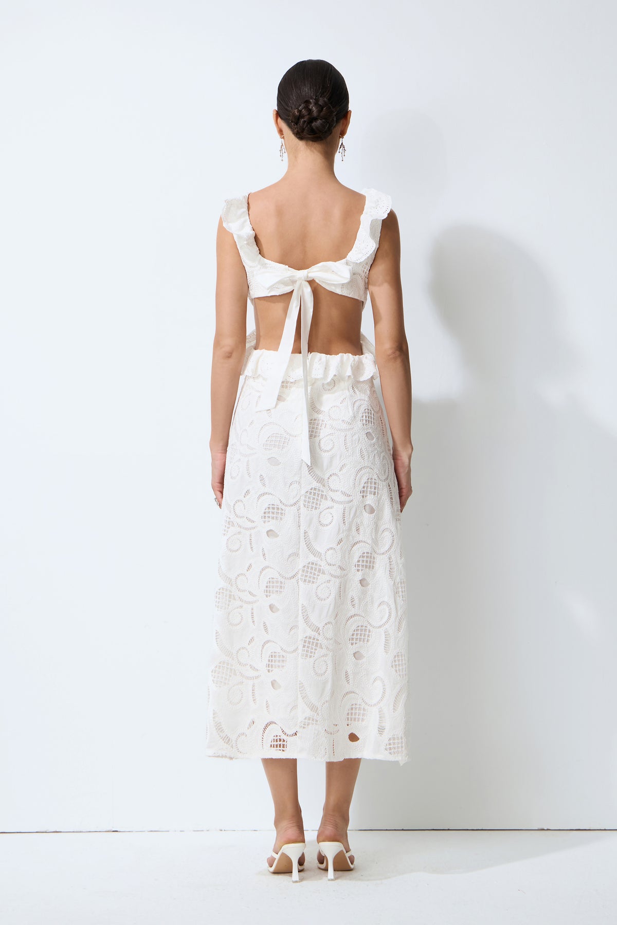 Coastal Daydream White Eyelet Lace Tie Back Midi Dress
