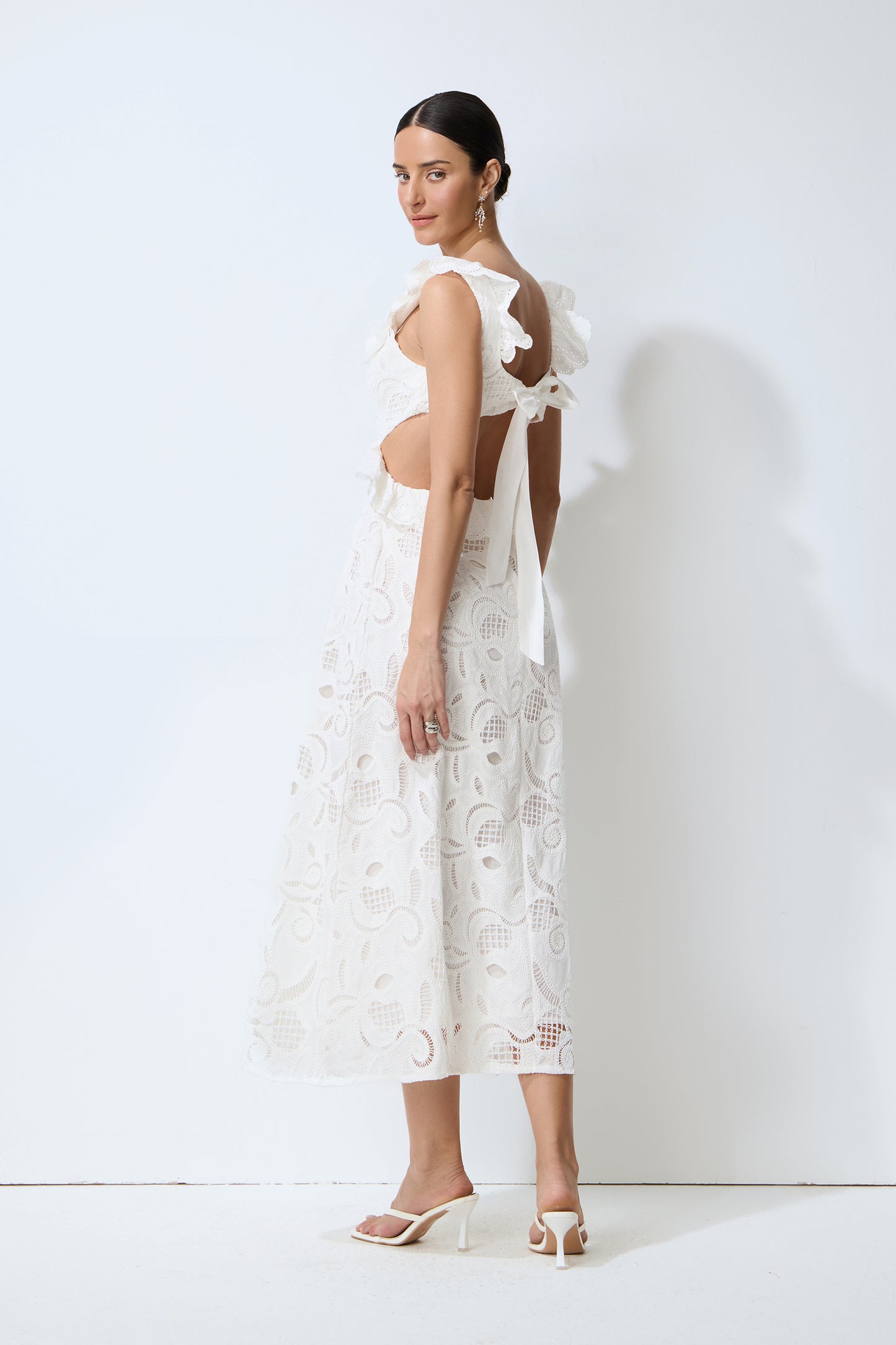 Coastal Daydream White Eyelet Lace Tie Back Midi Dress