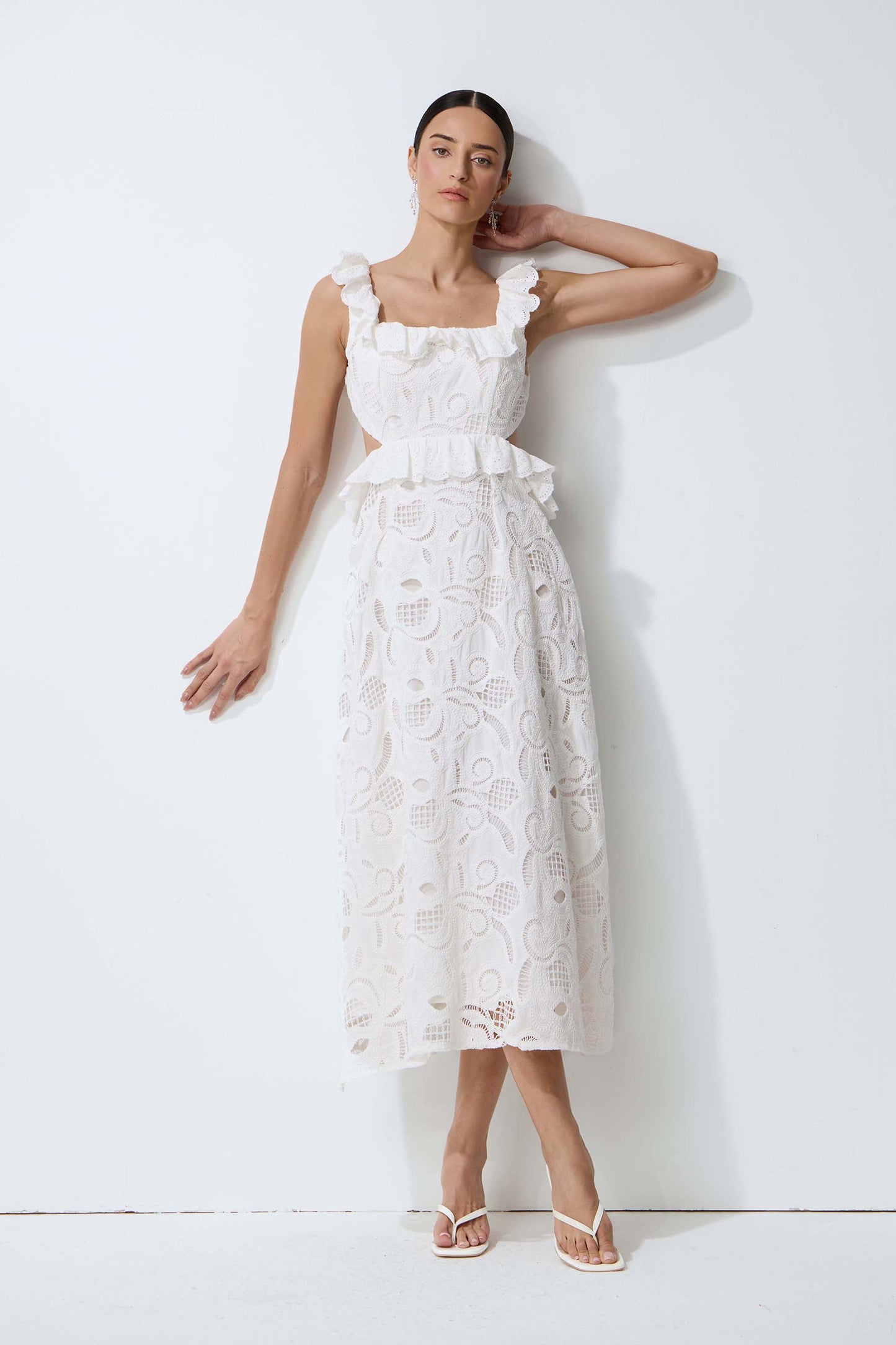 Coastal Daydream White Eyelet Lace Tie Back Midi Dress