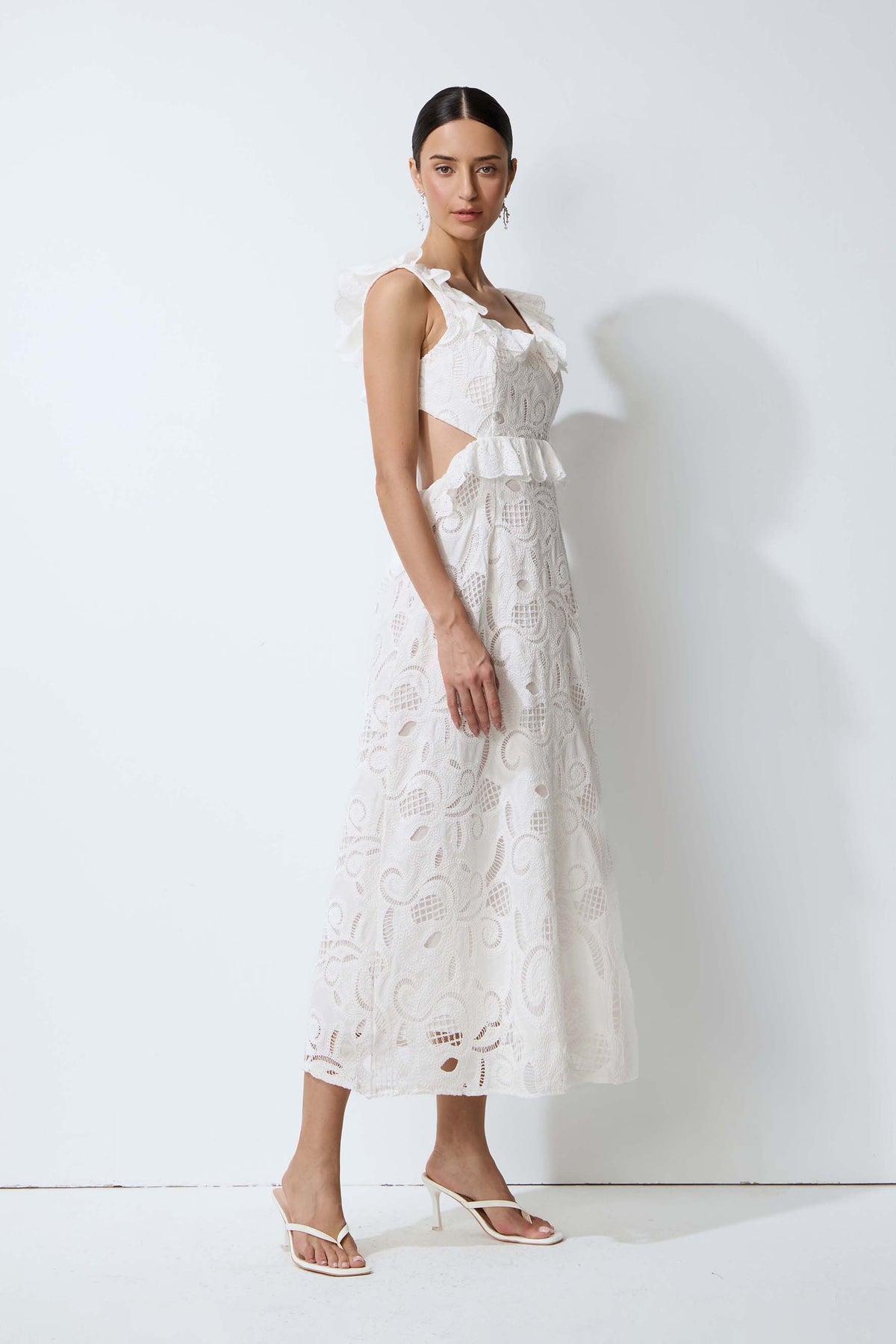 Coastal Daydream White Eyelet Lace Tie Back Midi Dress
