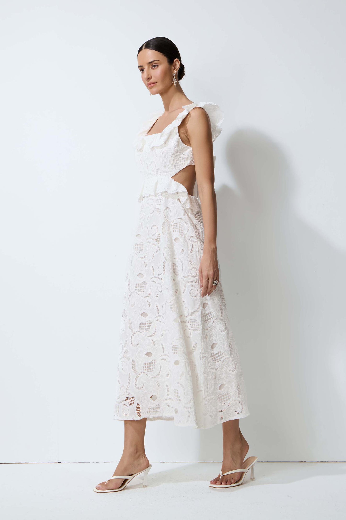 Coastal Daydream White Eyelet Lace Tie Back Midi Dress