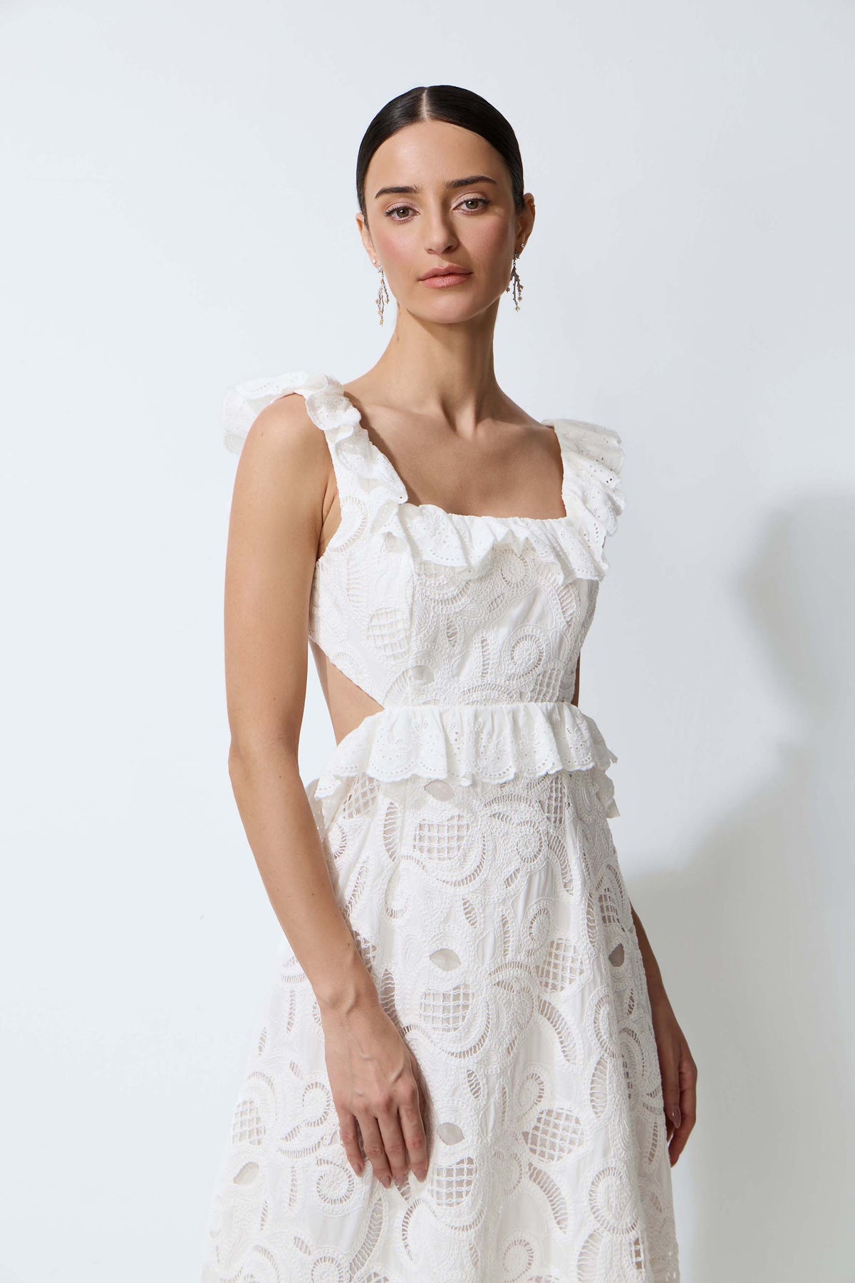 Coastal Daydream White Eyelet Lace Tie Back Midi Dress