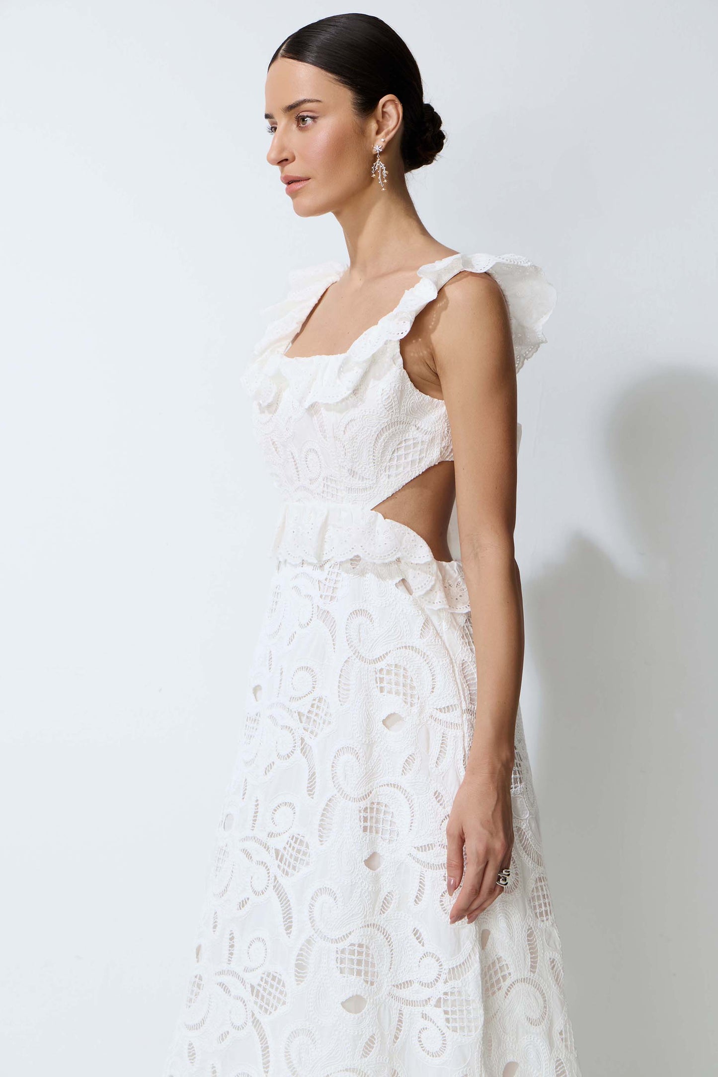 Coastal Daydream White Eyelet Lace Tie Back Midi Dress