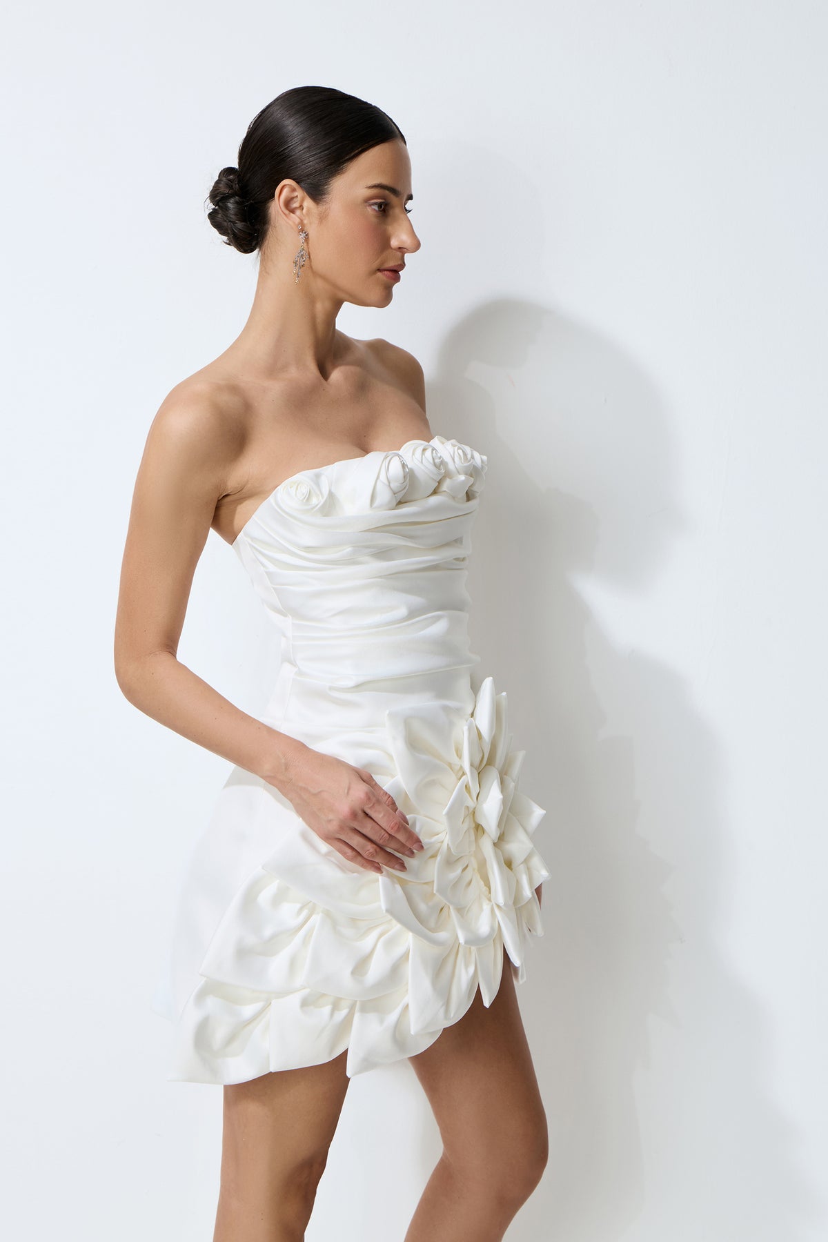 Always Blossoming White Floral Applique Strapless Satin Mini Dress