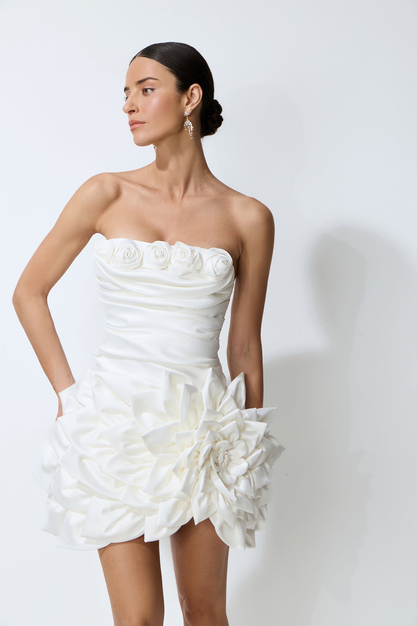 Always Blossoming White Floral Applique Strapless Satin Mini Dress