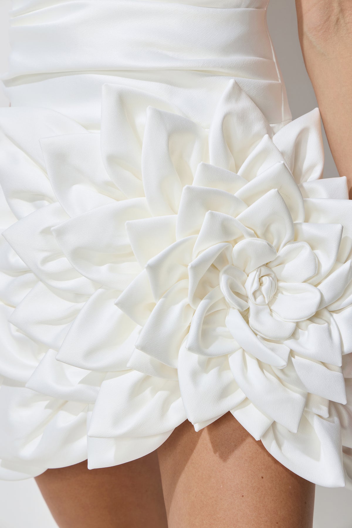Always Blossoming White Floral Applique Strapless Satin Mini Dress