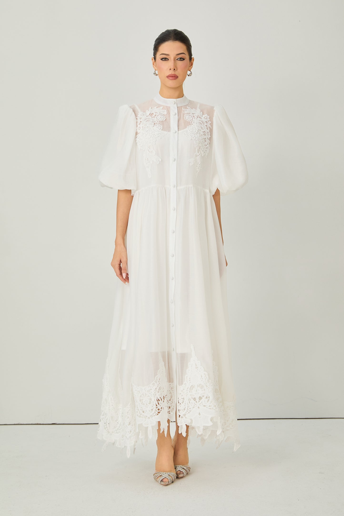 Close to Your Heart White Lace Embroidered Puff Sleeve Maxi Dress