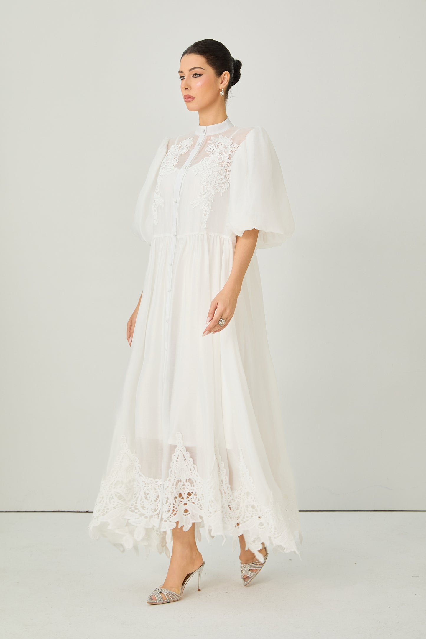 Close to Your Heart White Lace Embroidered Puff Sleeve Maxi Dress
