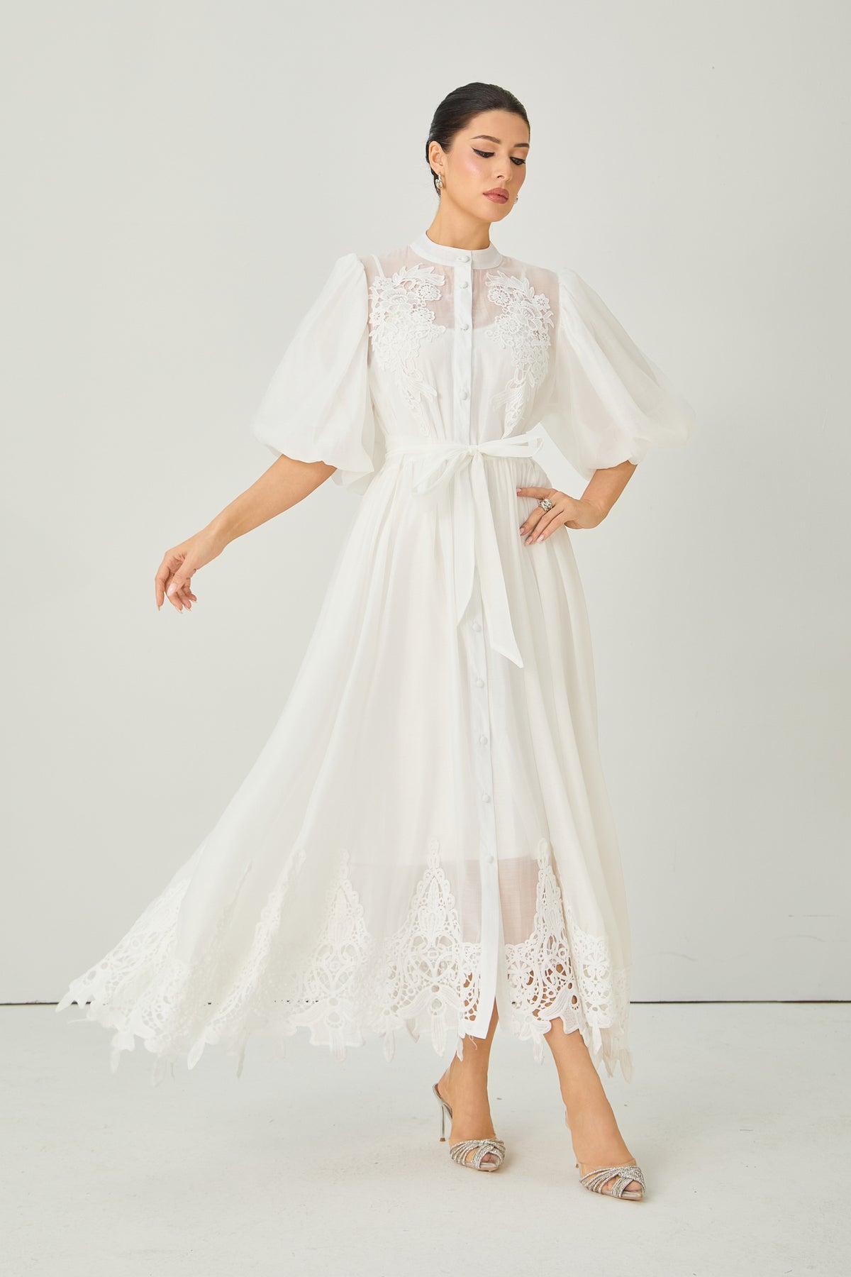 Close to Your Heart White Lace Embroidered Puff Sleeve Maxi Dress