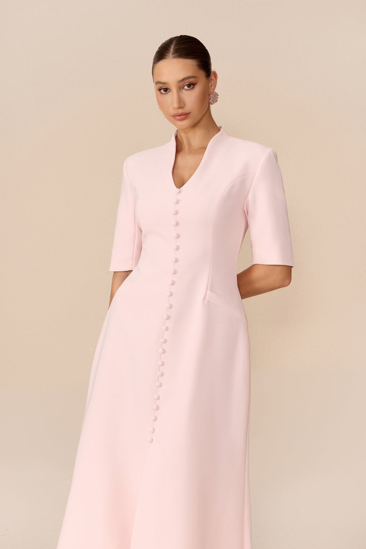 Minimal Mood Pink Stand Collar Split Maxi Dress