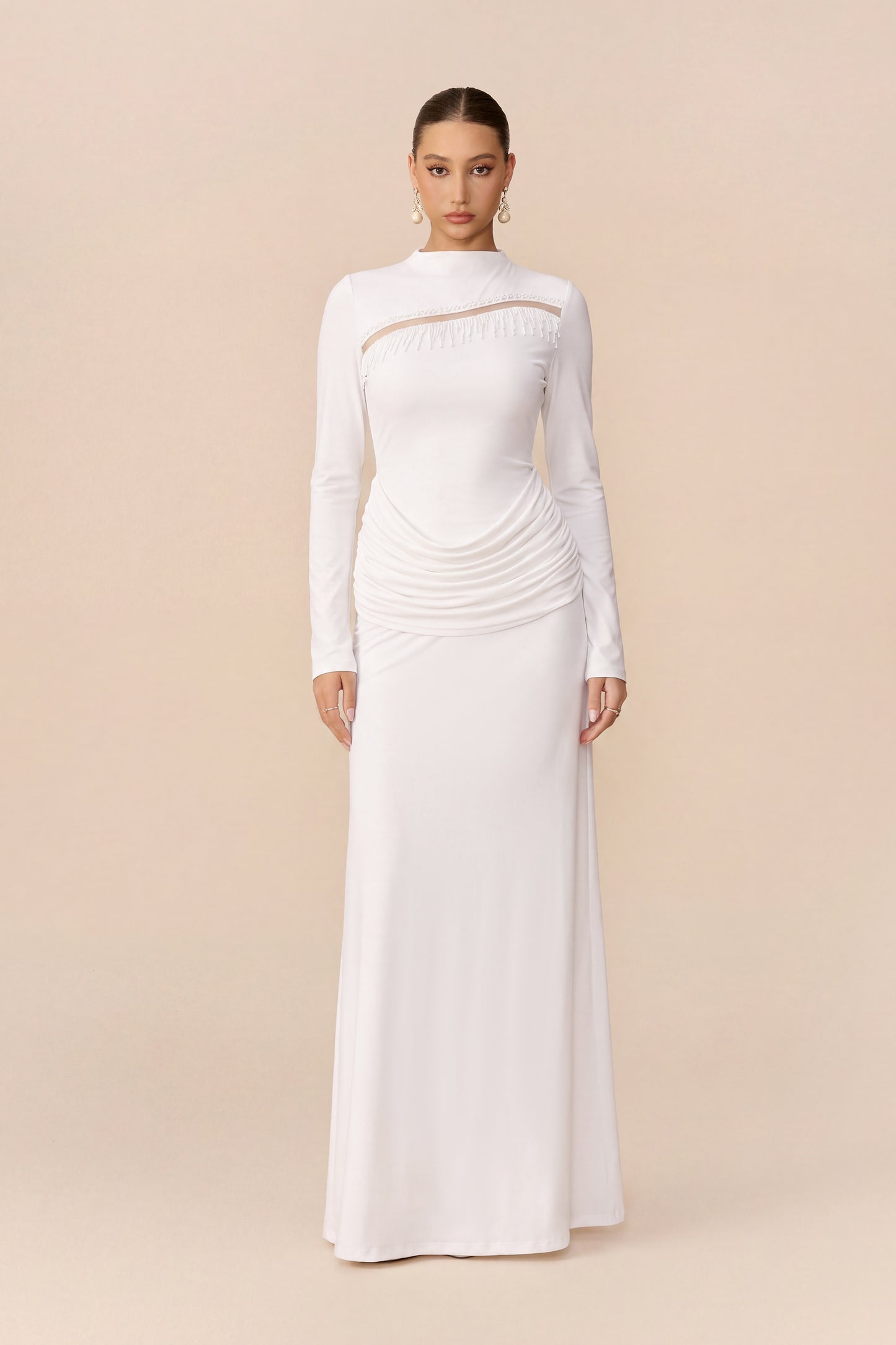 Signature Style White Beaded Fringe Cutout Maxi Dress