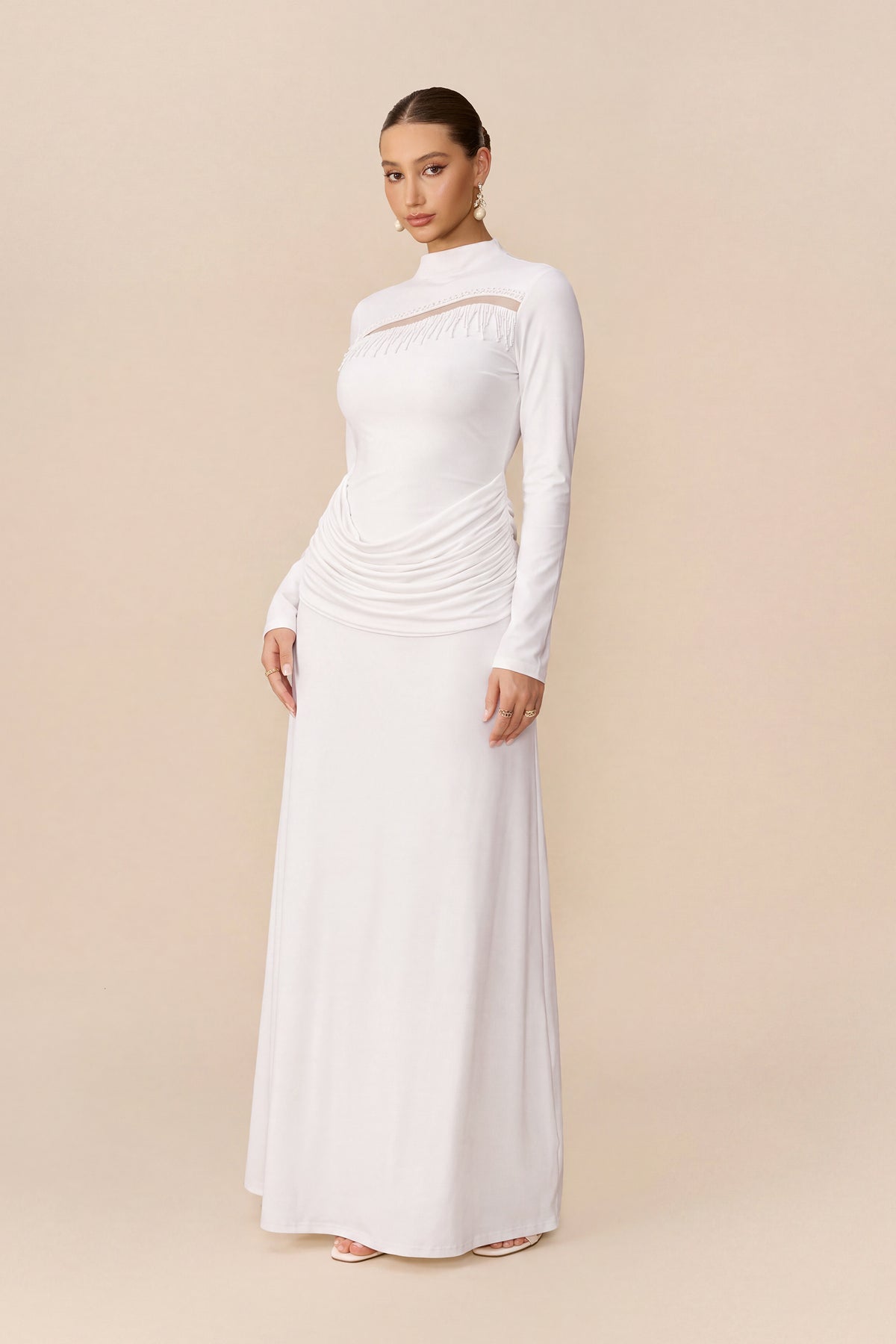 Signature Style White Beaded Fringe Cutout Maxi Dress