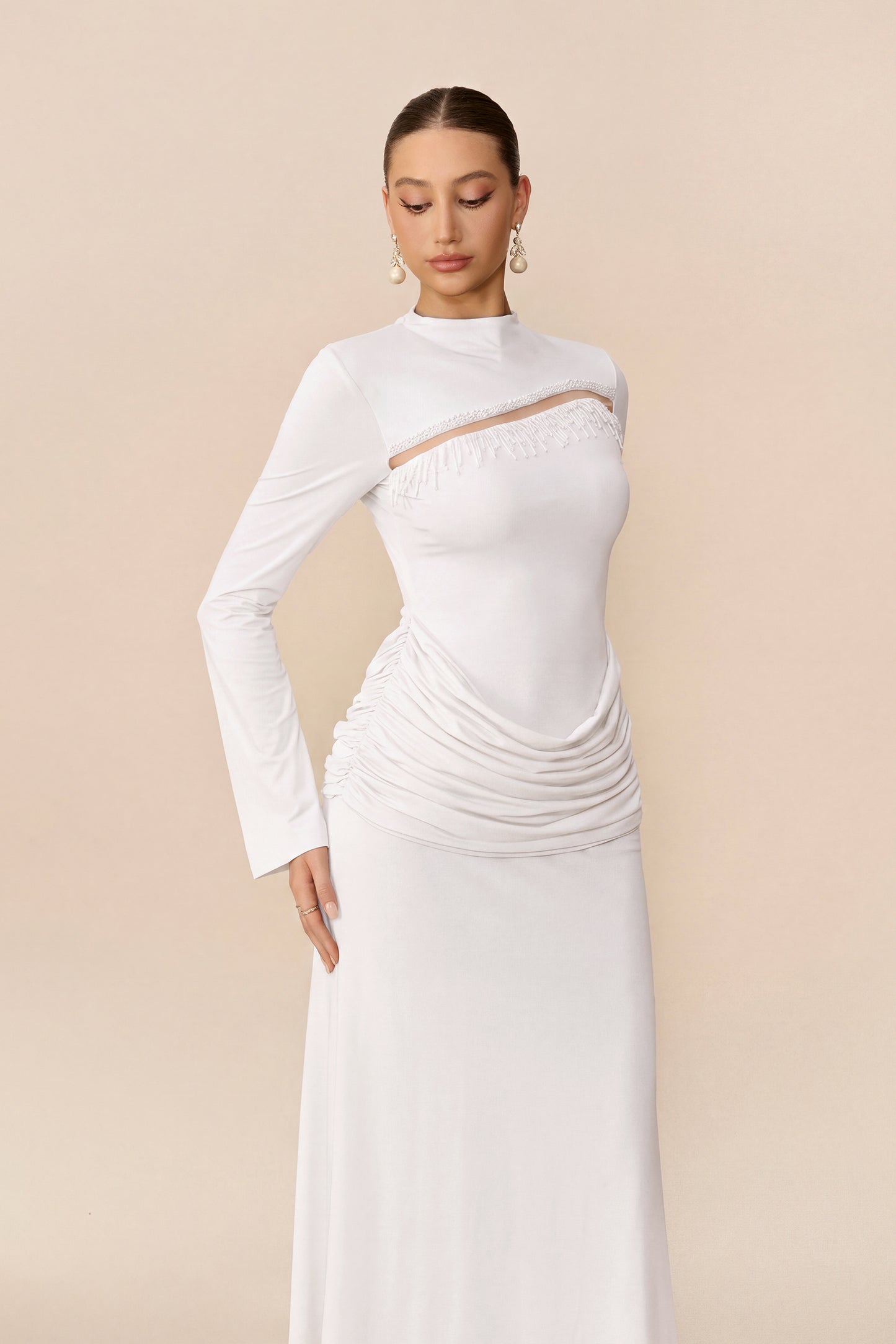 Signature Style White Beaded Fringe Cutout Maxi Dress