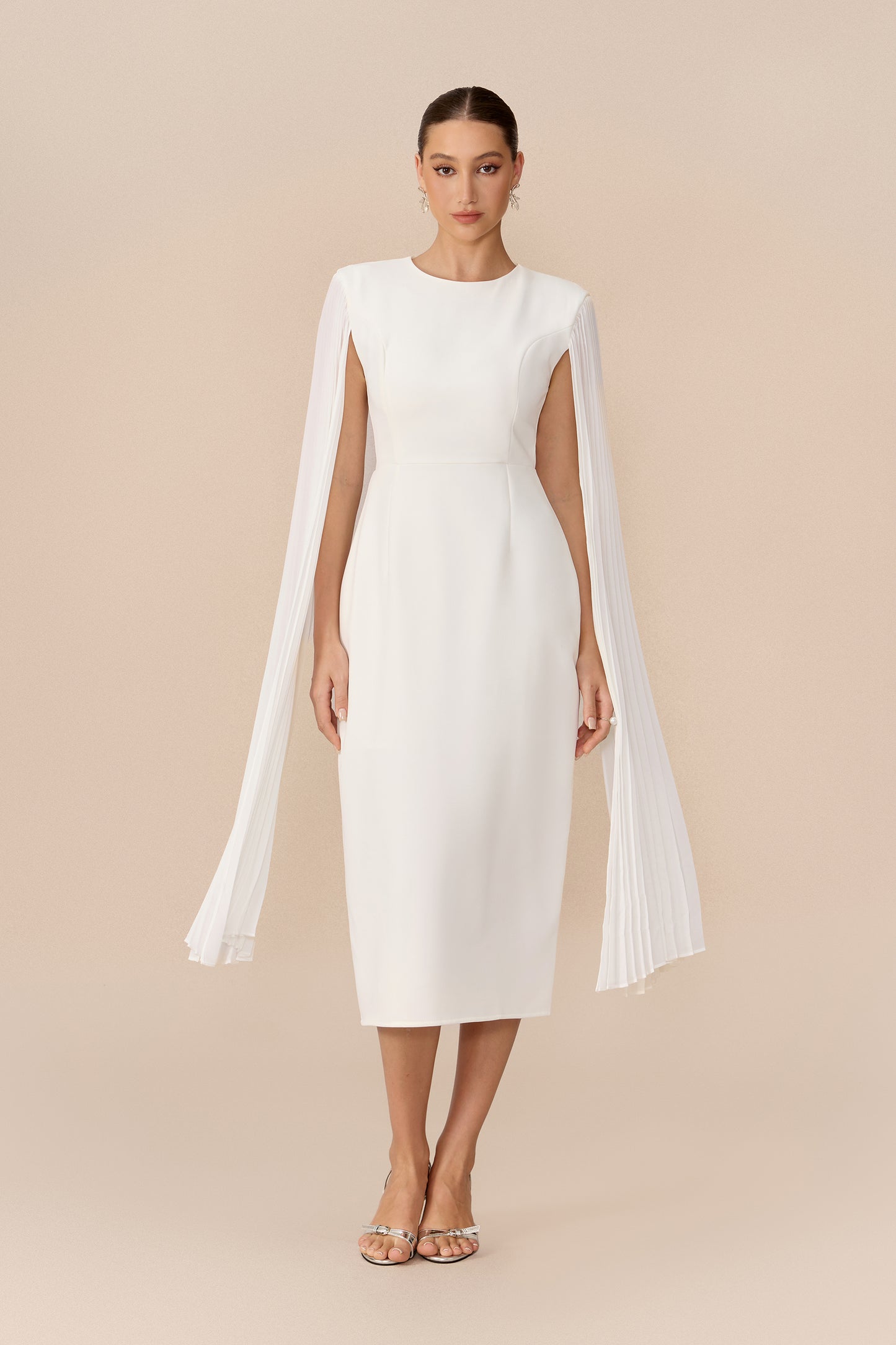 Pure Elegance White Pleated Cape Round Neck Midi Dress