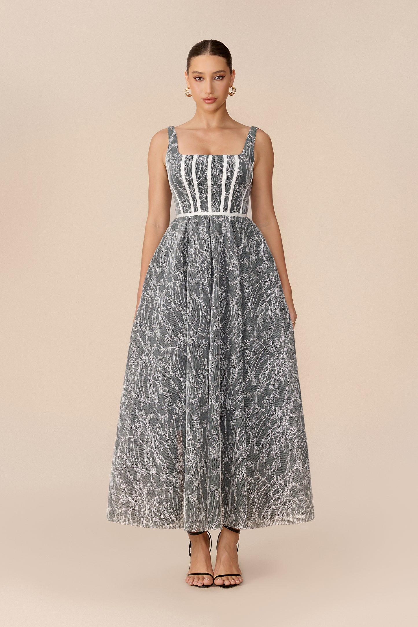 Forever Feminine Grey Square Neck Lace Maxi Dress