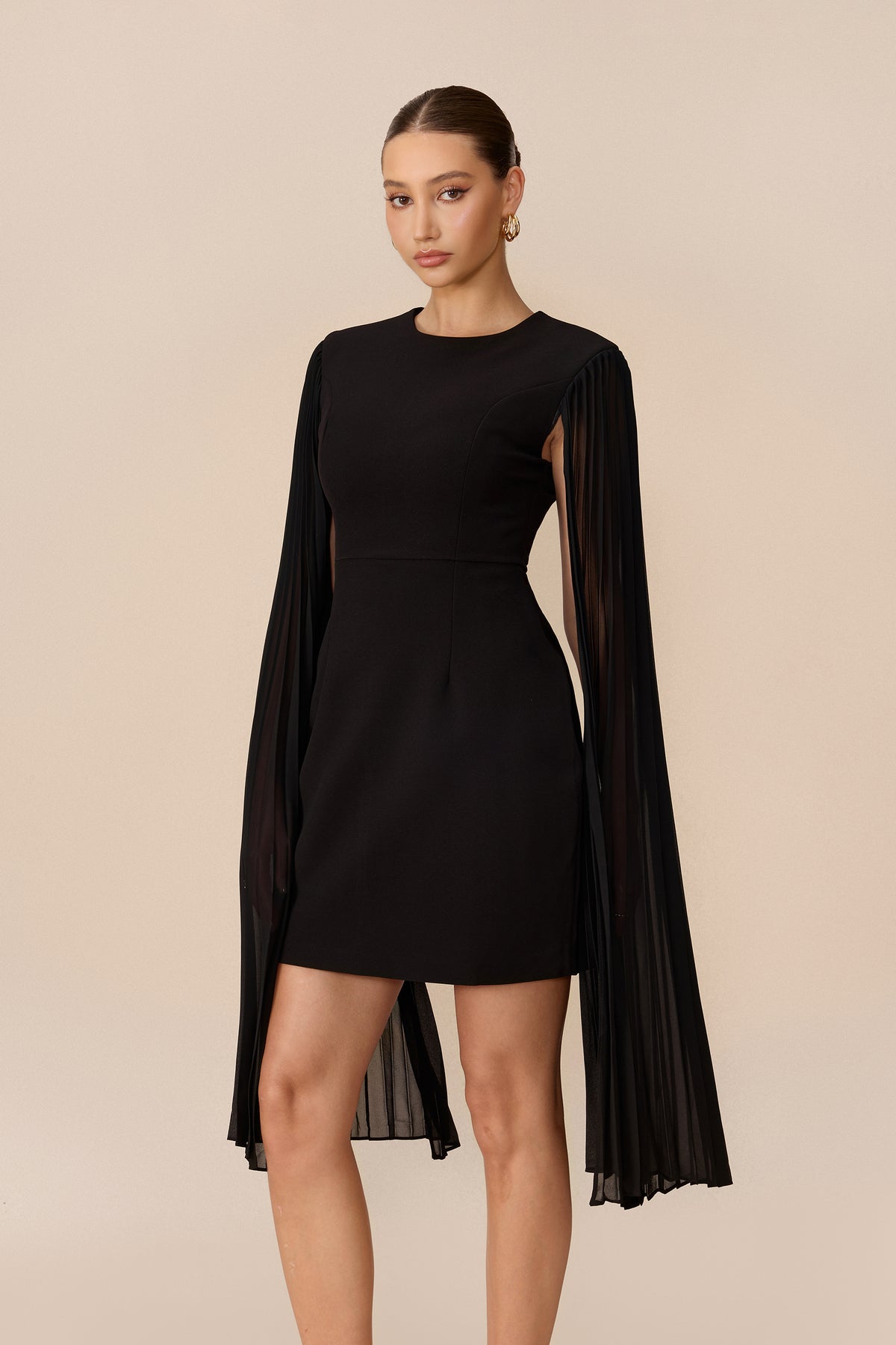 Simply Chic Black Round Neck Cape Sleeve Mini Dress