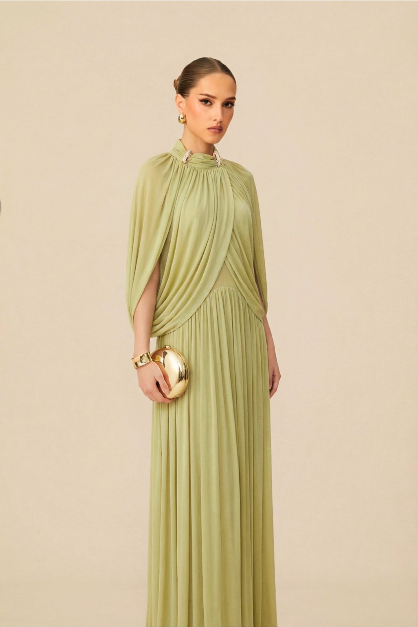 Twilight Whispers Green Draped Cape Sleeve Knit Maxi Dress