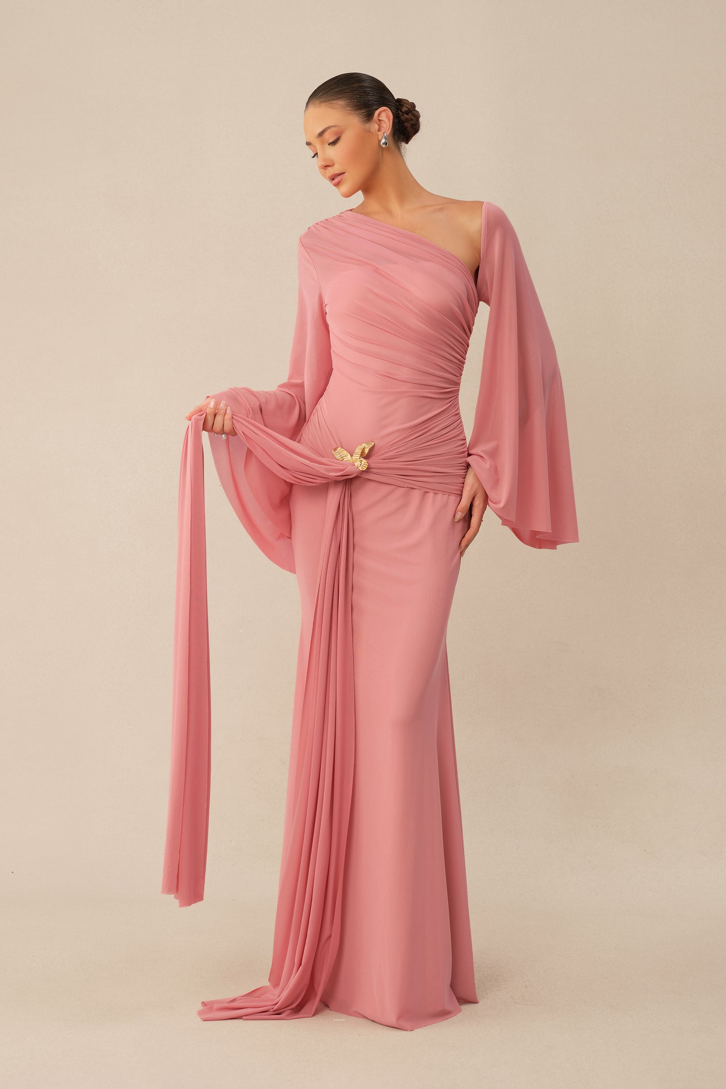 All About Her Pink One Shoulder Butterfly Brooch Maxi Dress