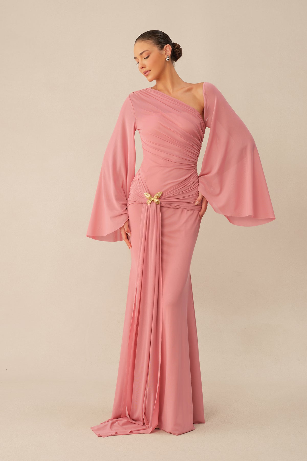 All About Her Pink One Shoulder Butterfly Brooch Maxi Dress