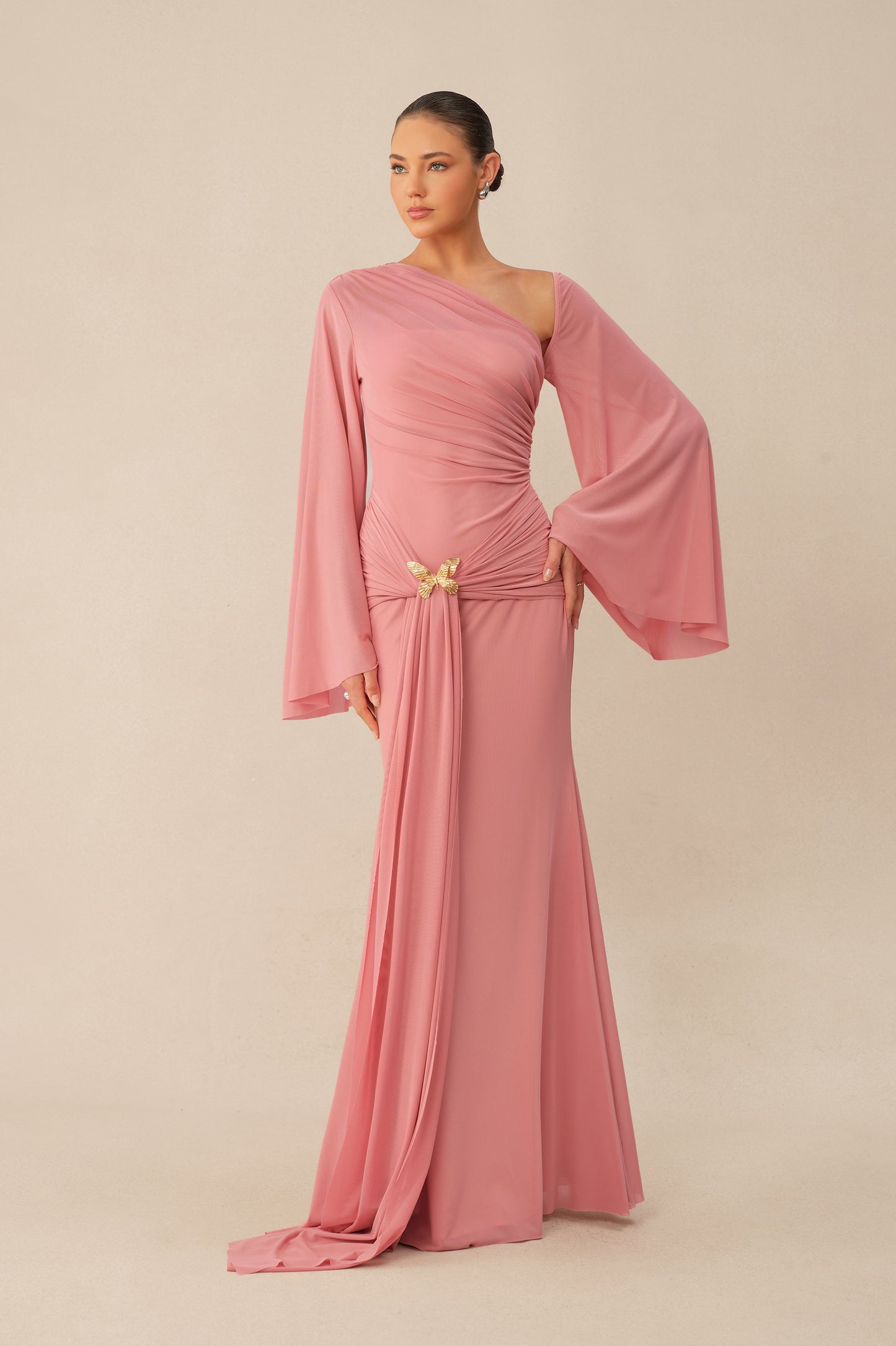 All About Her Pink One Shoulder Butterfly Brooch Maxi Dress