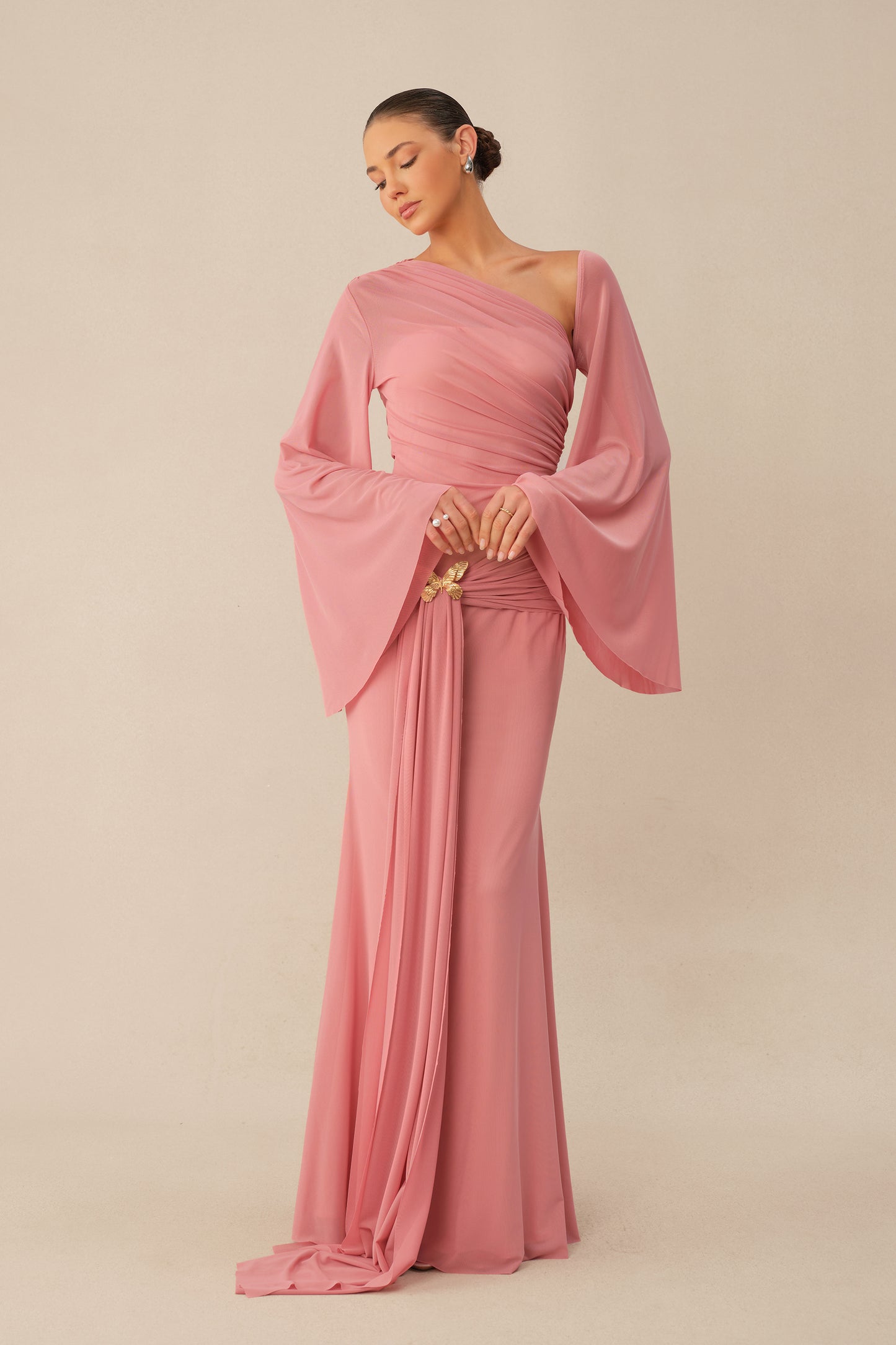 All About Her Pink One Shoulder Butterfly Brooch Maxi Dress