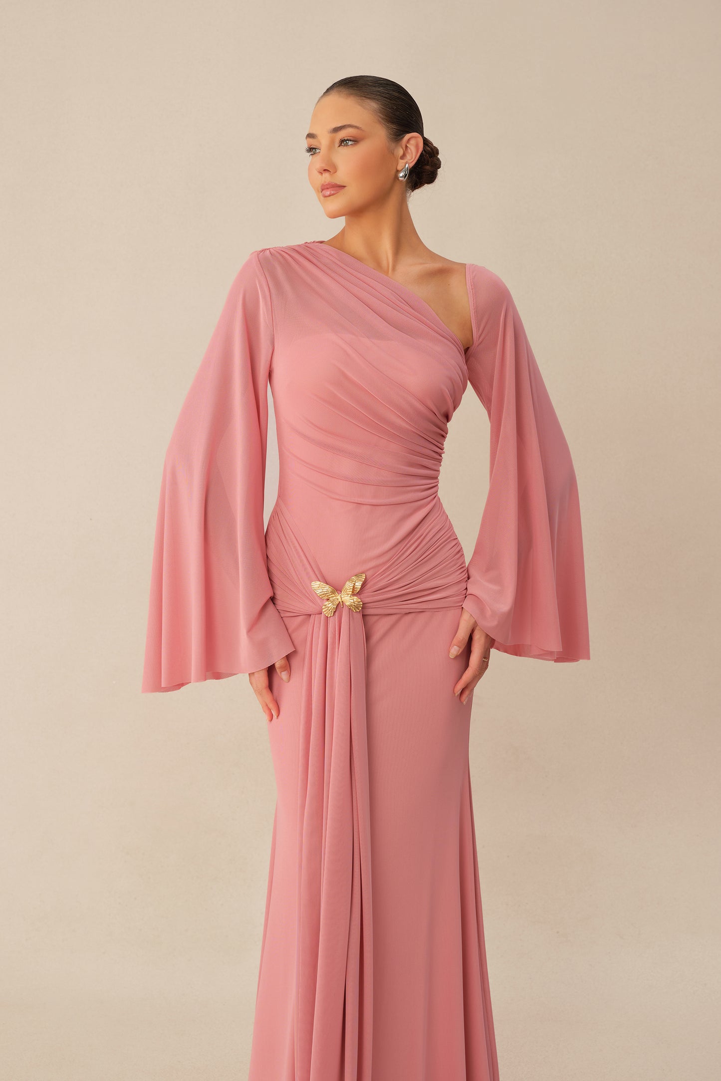 All About Her Pink One Shoulder Butterfly Brooch Maxi Dress