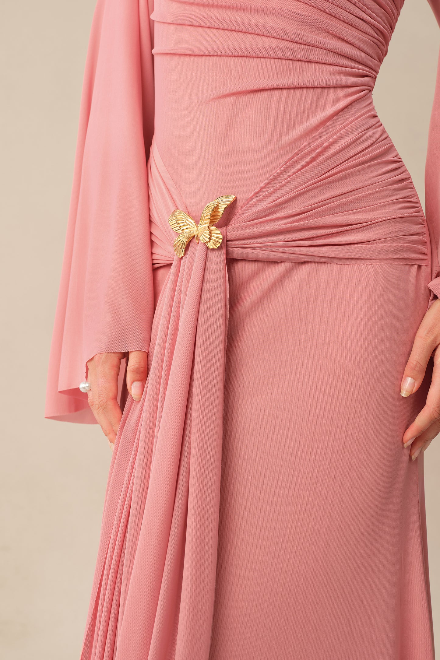 All About Her Pink One Shoulder Butterfly Brooch Maxi Dress