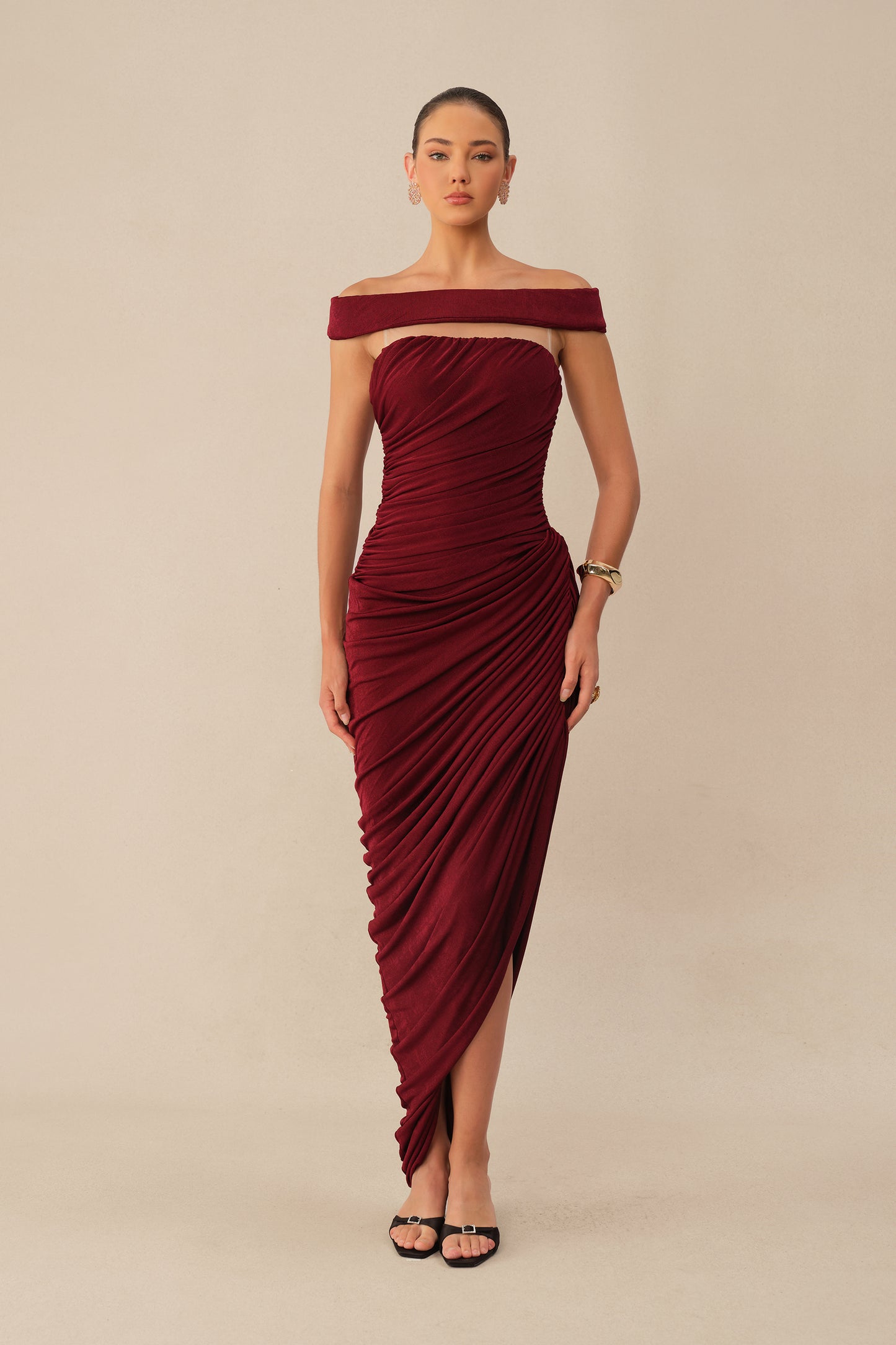 Midnight Affair Burgundy Off Shoulder Side Slit Knit Maxi Dress