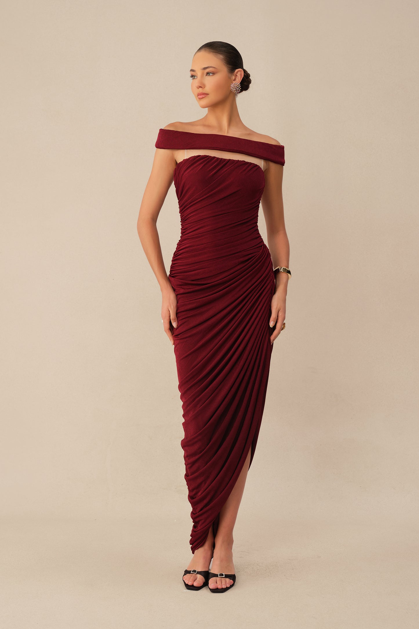 Midnight Affair Burgundy Off Shoulder Side Slit Knit Maxi Dress