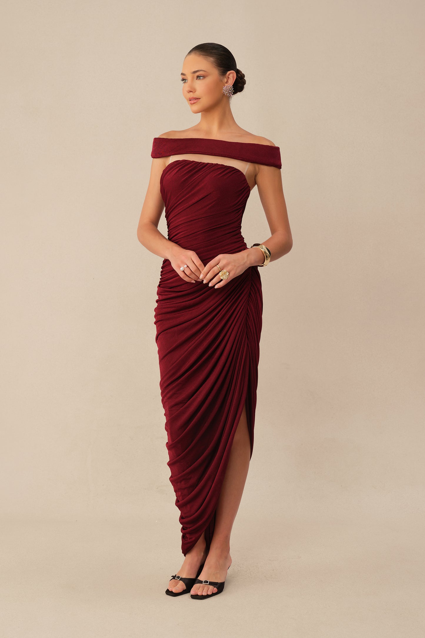 Midnight Affair Burgundy Off Shoulder Side Slit Knit Maxi Dress