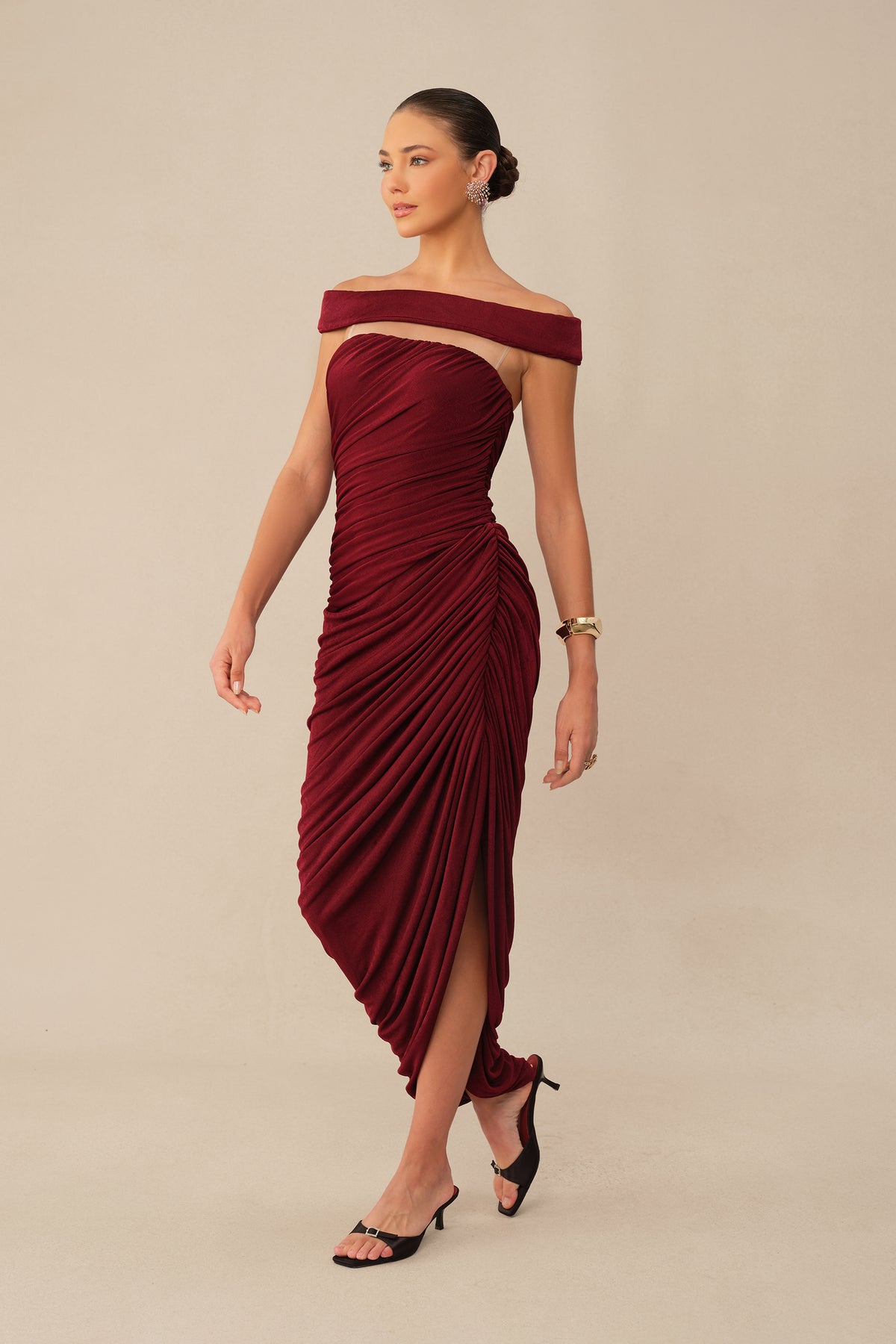 Midnight Affair Burgundy Off Shoulder Side Slit Knit Maxi Dress