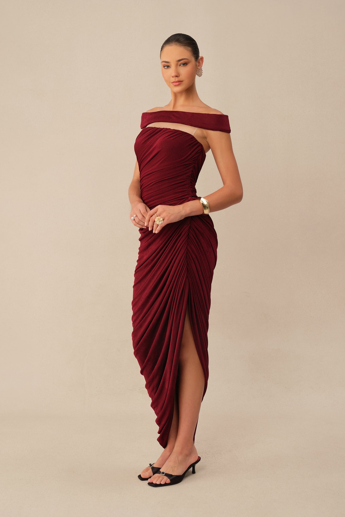 Midnight Affair Burgundy Off Shoulder Side Slit Knit Maxi Dress