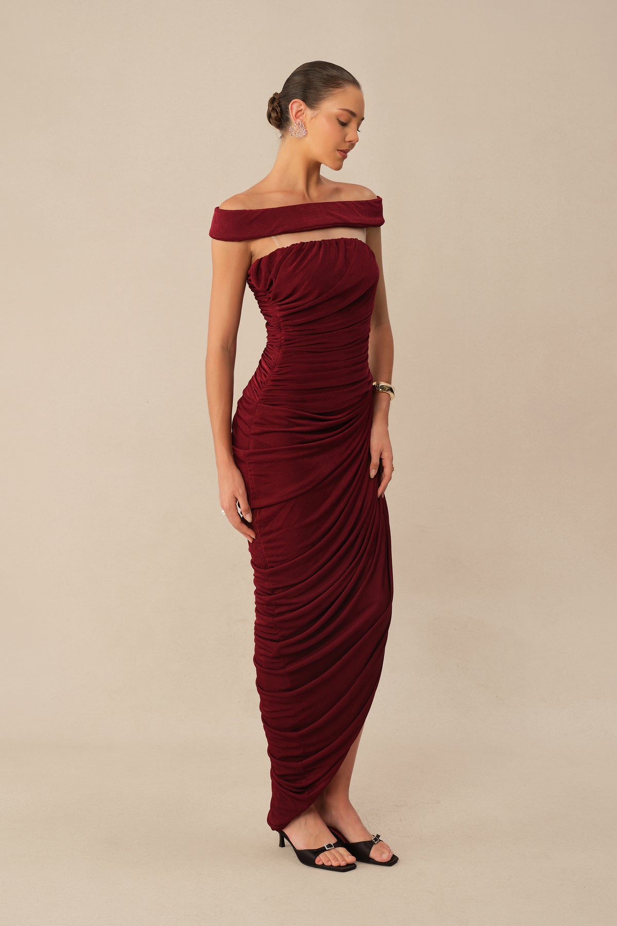 Midnight Affair Burgundy Off Shoulder Side Slit Knit Maxi Dress