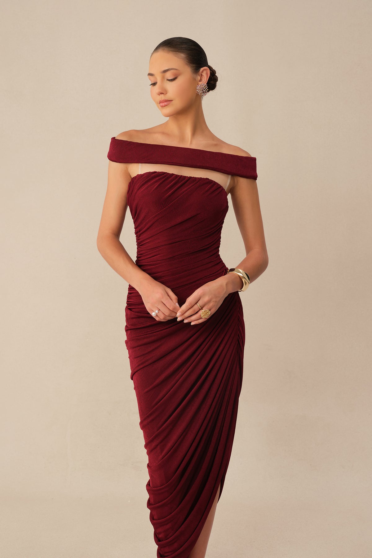 Midnight Affair Burgundy Off Shoulder Side Slit Knit Maxi Dress