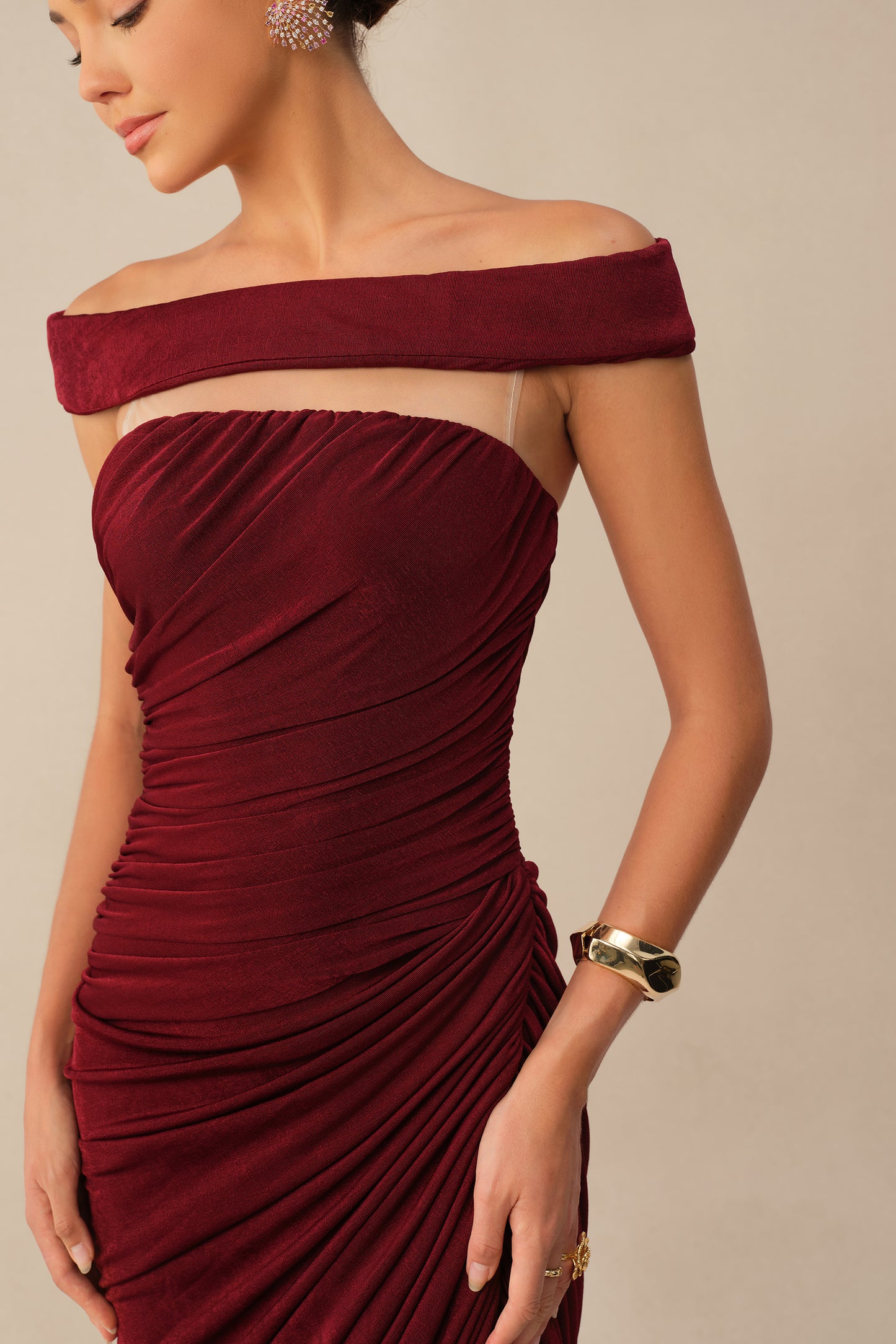 Midnight Affair Burgundy Off Shoulder Side Slit Knit Maxi Dress