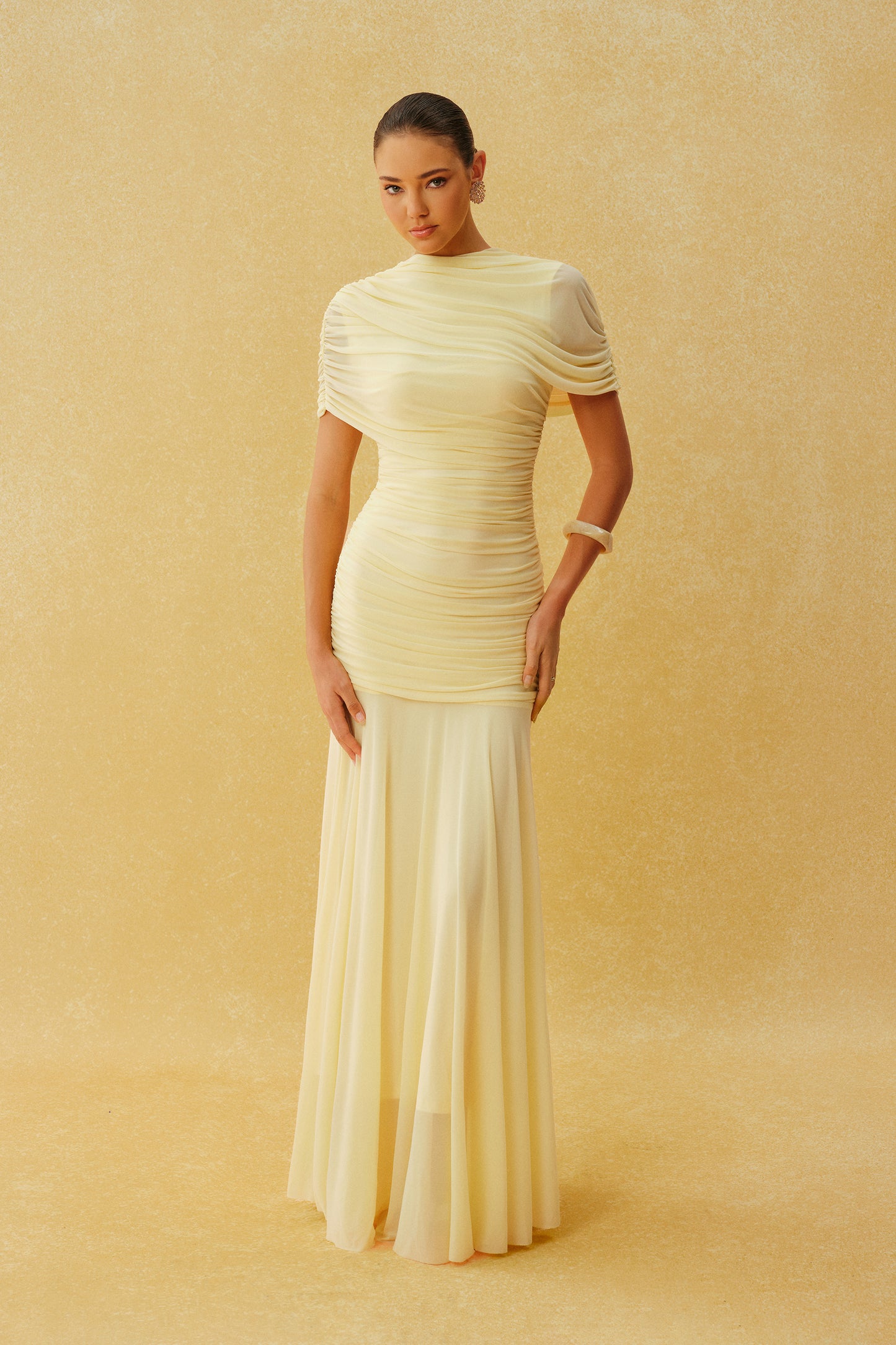 Catching Light Yellow Draped Cape Ruched Maxi Dress