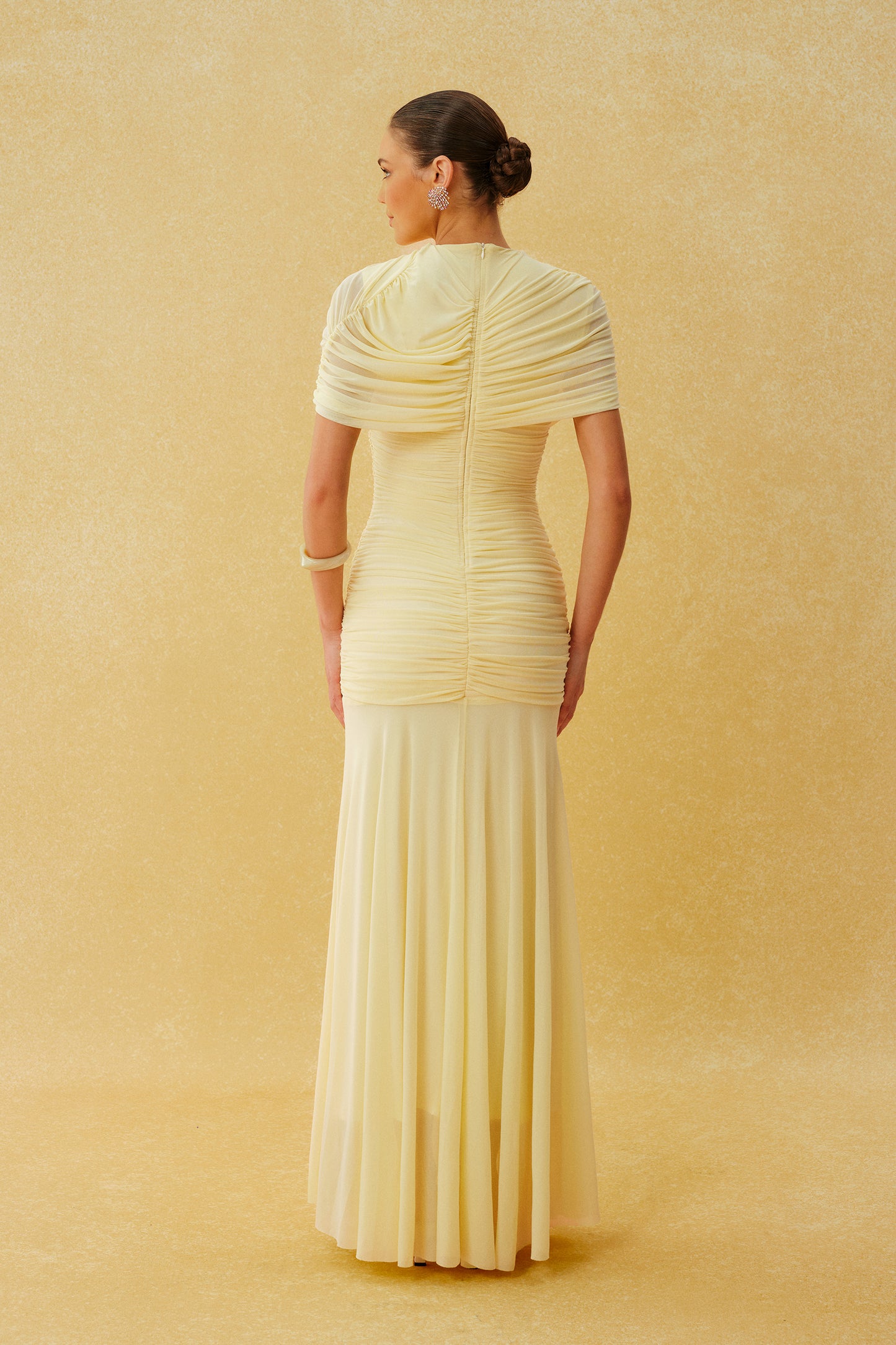 Catching Light Yellow Draped Cape Ruched Maxi Dress