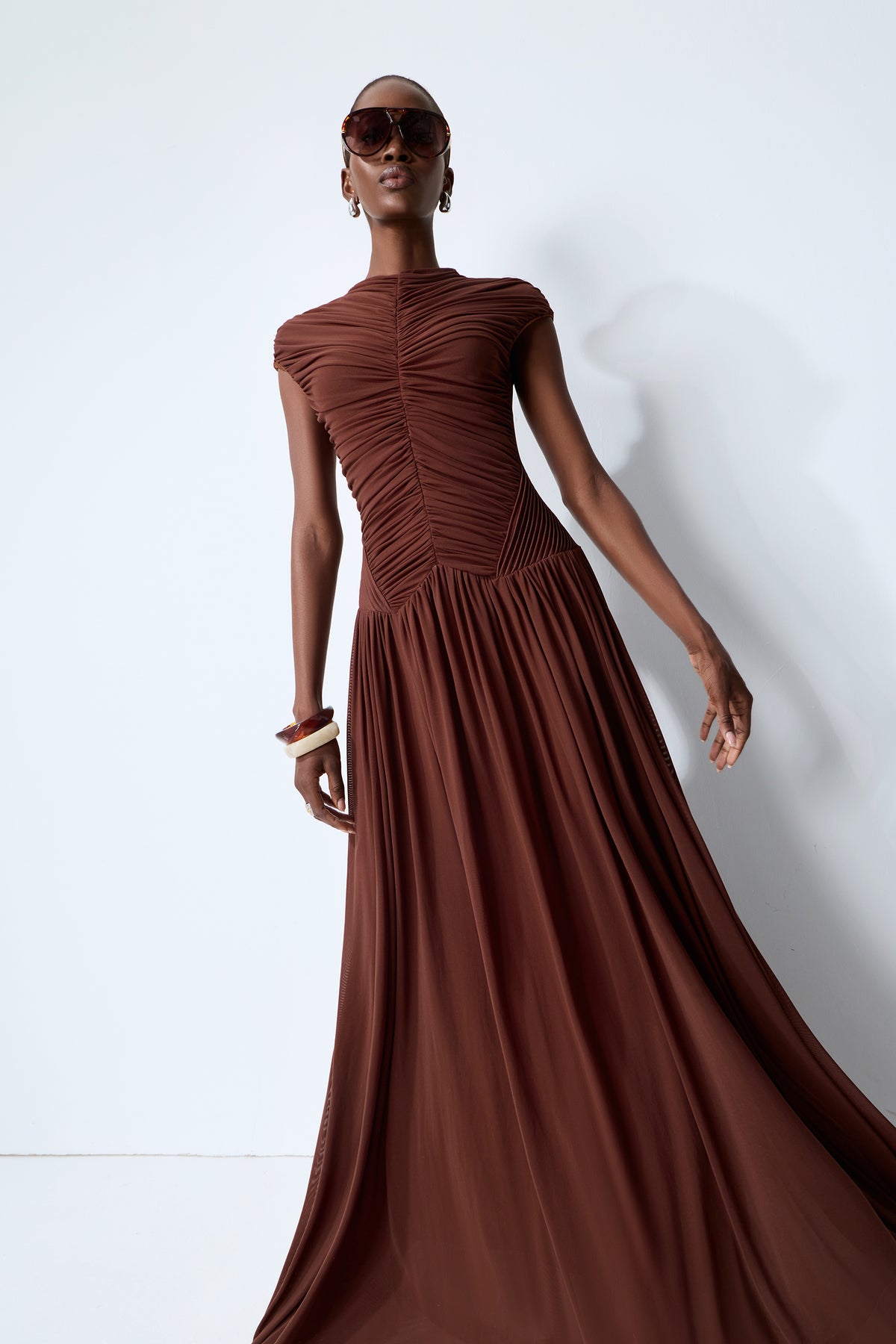 Enchanting Romantic Brown Cap Sleeve Ruched Knit Maxi Dress