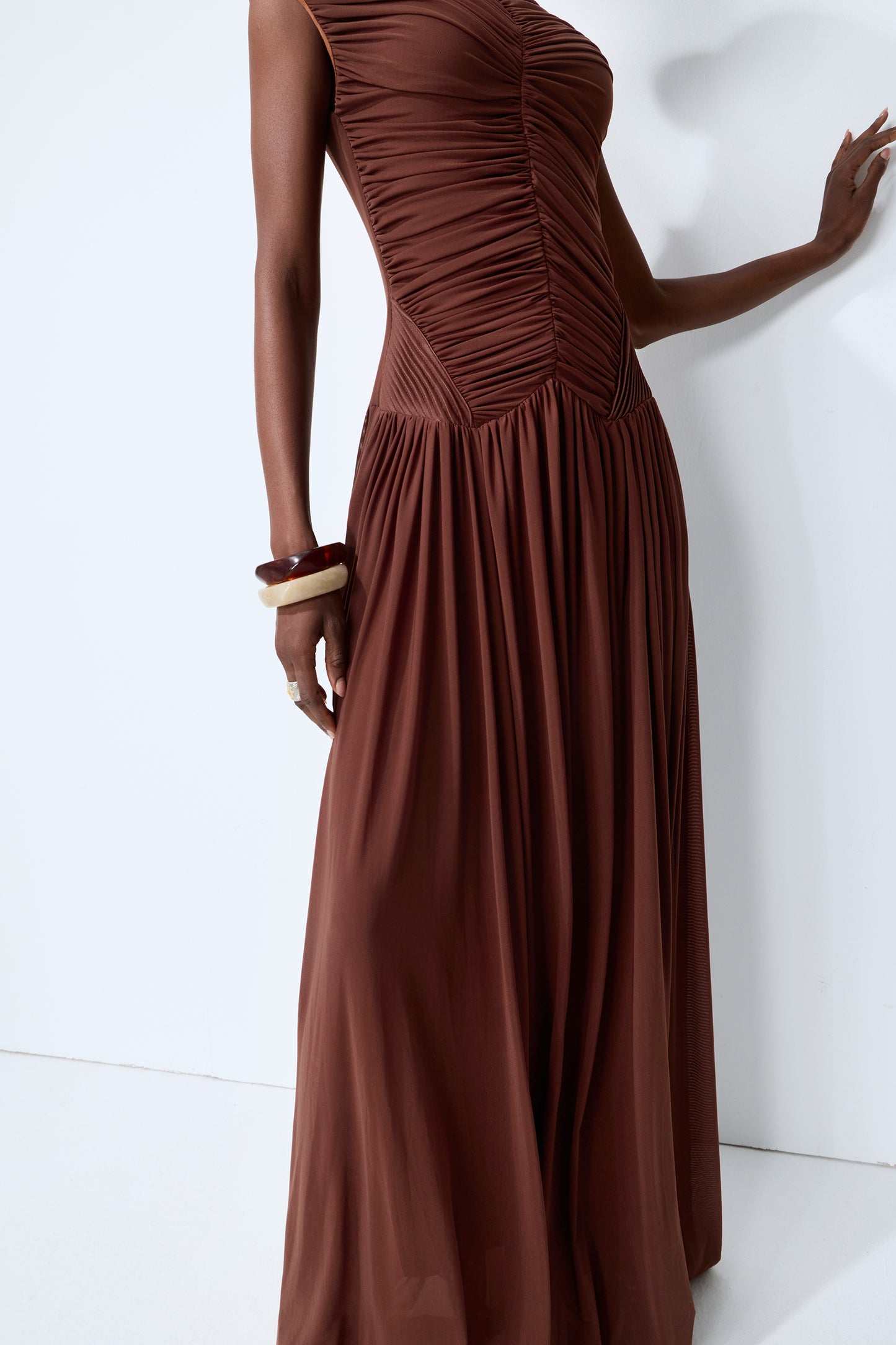 Enchanting Romantic Brown Cap Sleeve Ruched Knit Maxi Dress