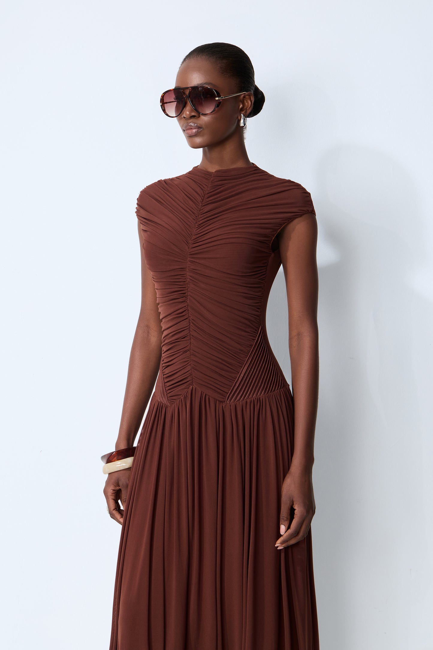 Enchanting Romantic Brown Cap Sleeve Ruched Knit Maxi Dress
