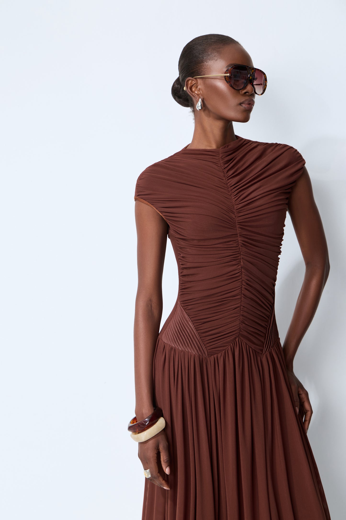 Enchanting Romantic Brown Cap Sleeve Ruched Knit Maxi Dress