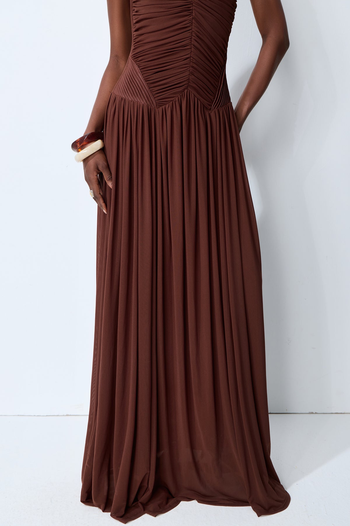 Enchanting Romantic Brown Cap Sleeve Ruched Knit Maxi Dress