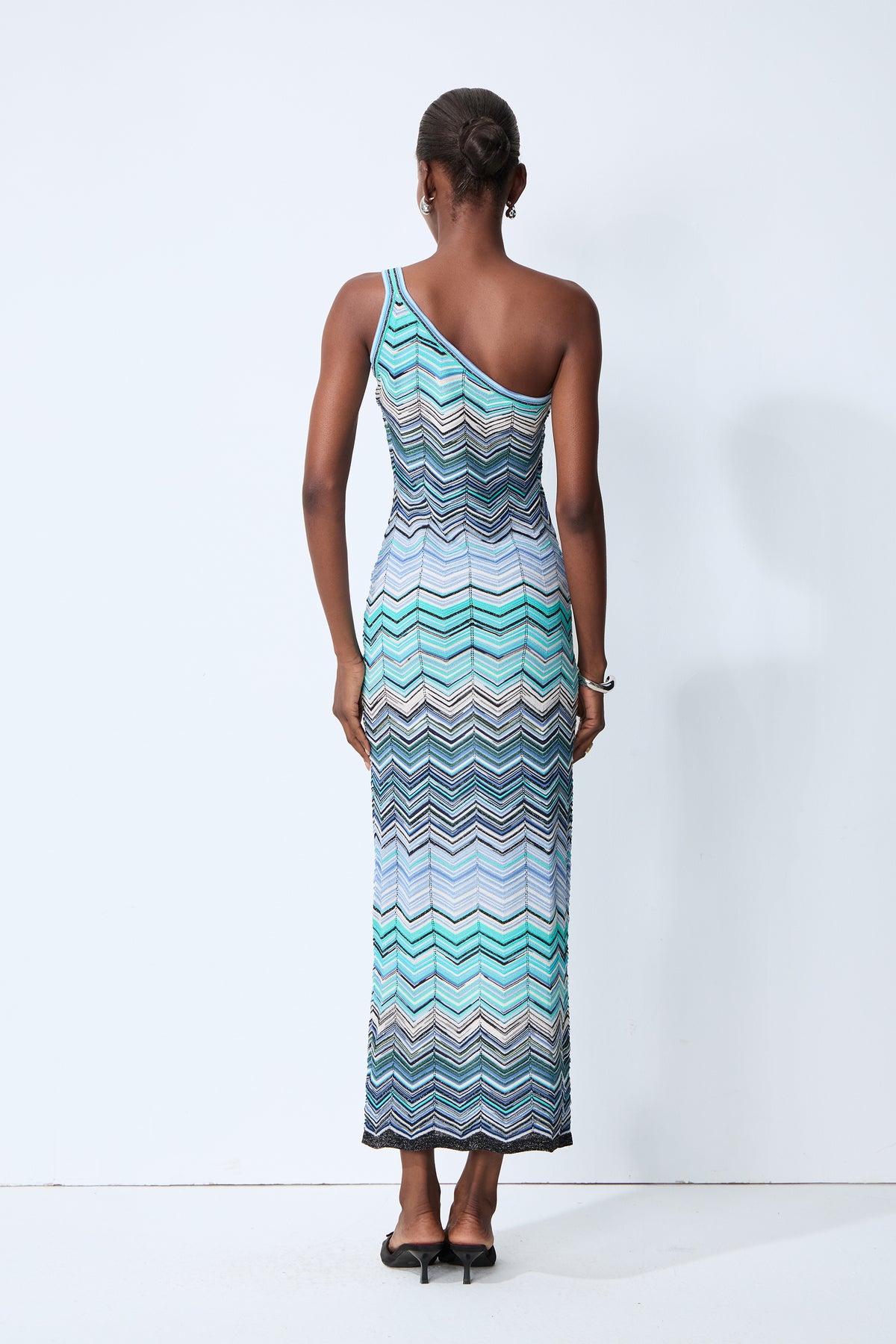 Chasing Paradise Blue Chevron One Shoulder Maxi Dress
