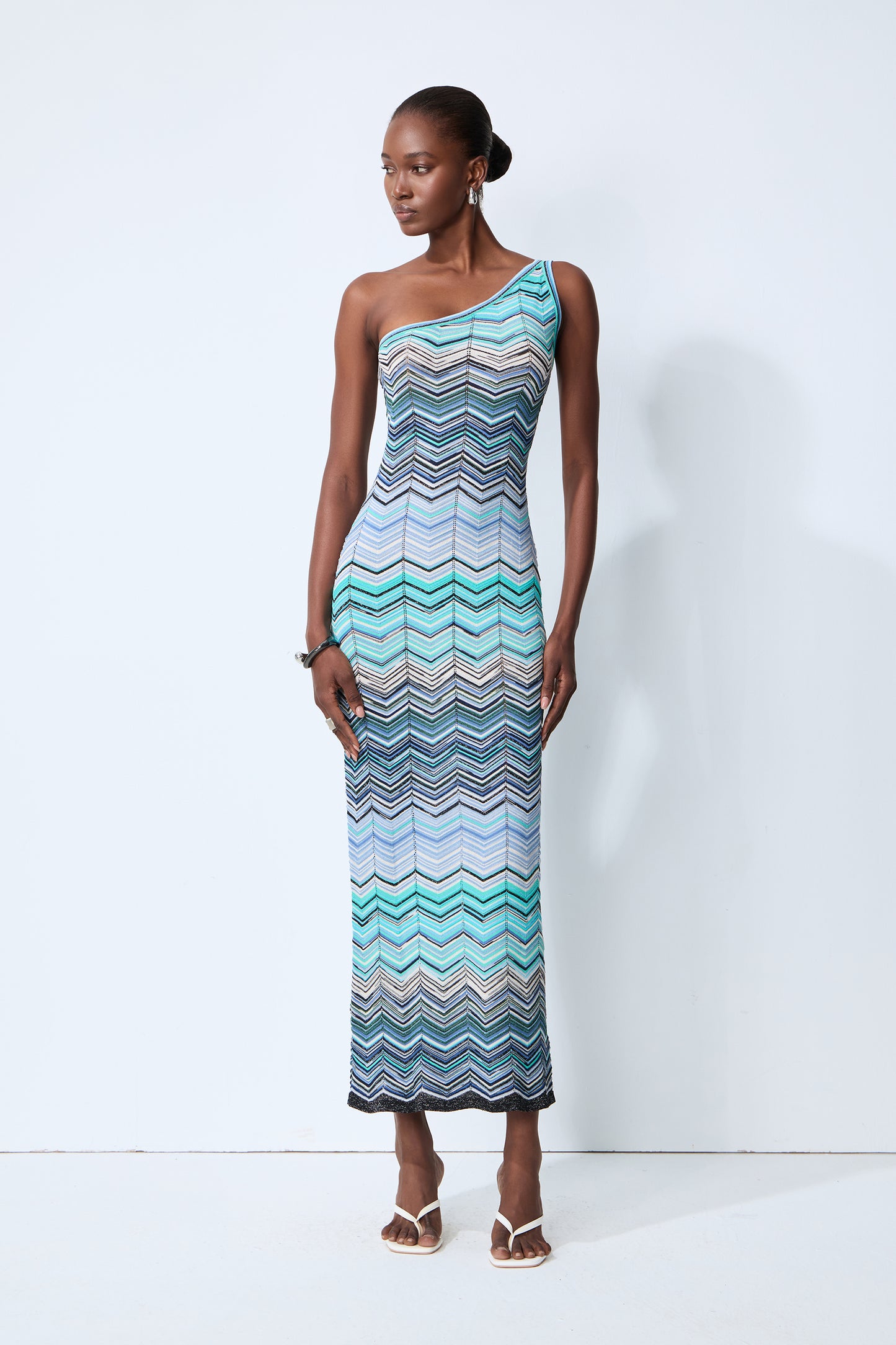 Chasing Paradise Blue Chevron One Shoulder Maxi Dress