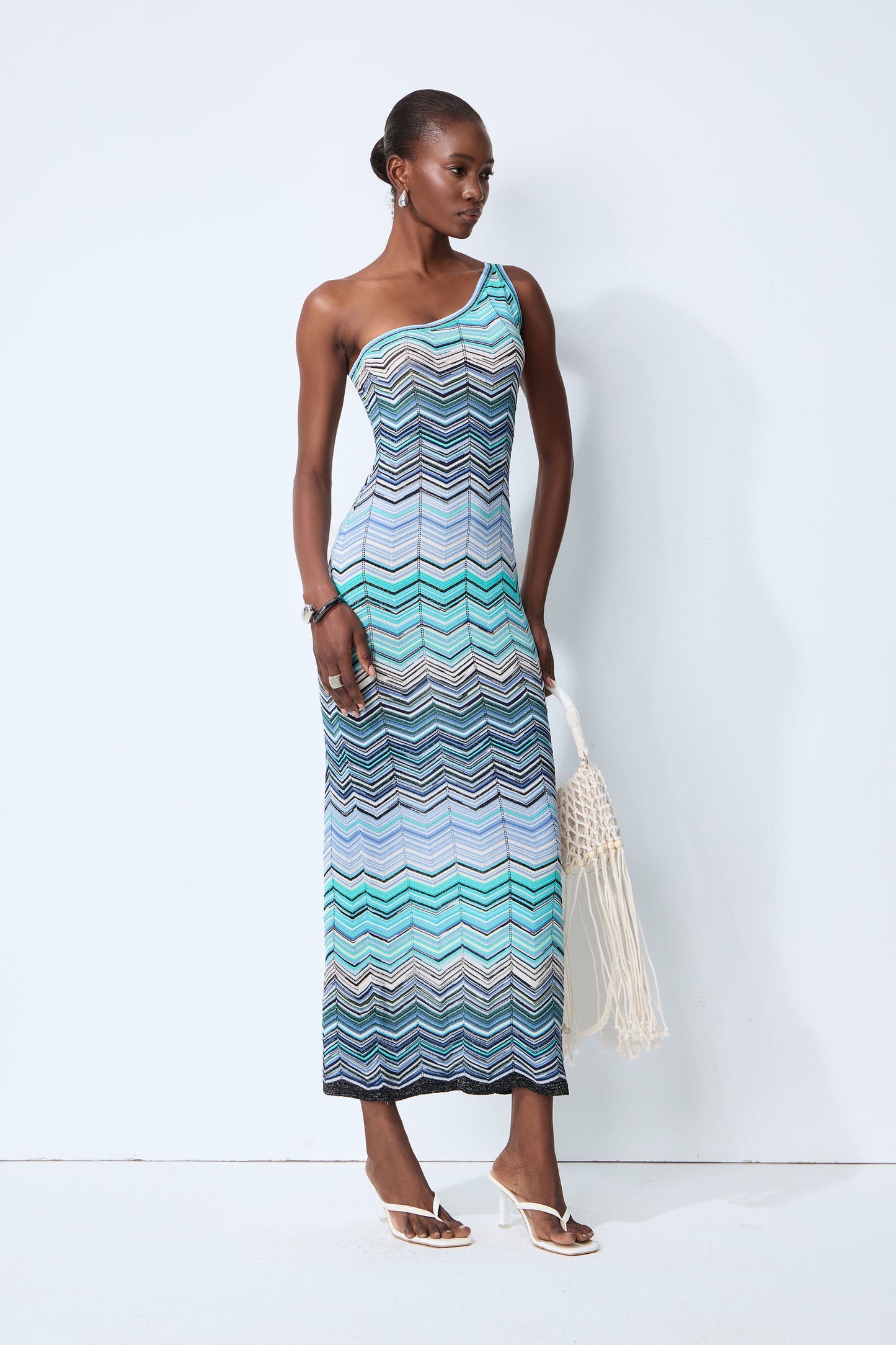 Chasing Paradise Blue Chevron One Shoulder Maxi Dress