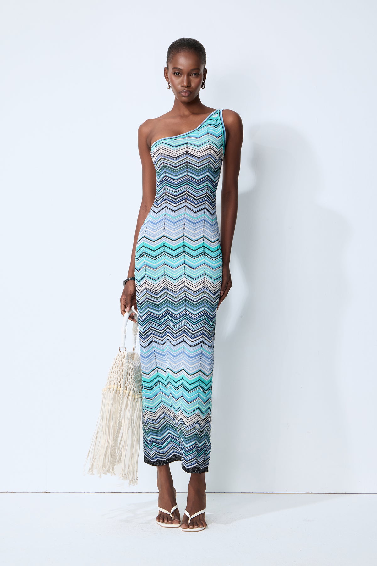 Chasing Paradise Blue Chevron One Shoulder Maxi Dress